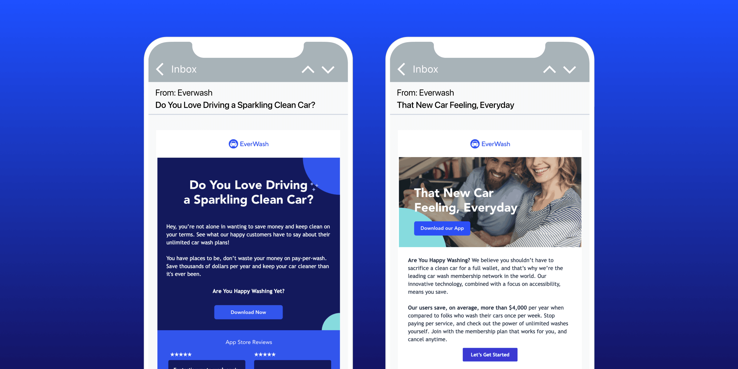 Two smartphone screens displaying email messages from EverWash. The first email asks if the recipient loves driving a clean car, while the second promotes a new car feeling every day.