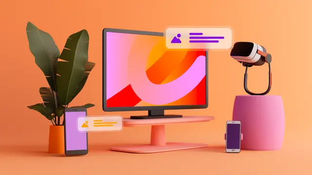 Uma renderização em 3D apresentando um monitor, dois smartphones, um headset de realidade virtual e uma planta, com bolhas de notificação flutuantes.