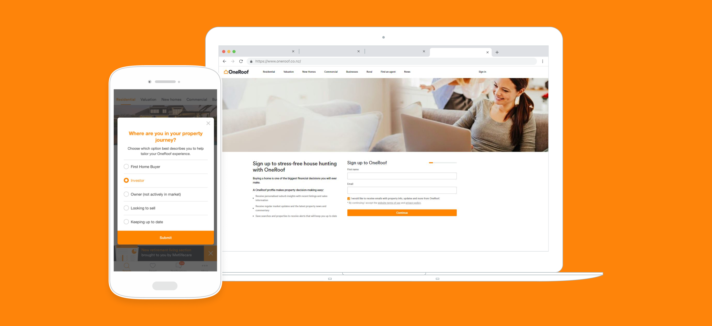 A smartphone and laptop display a property journey questionnaire and a sign-up form for a service called Outblox. The background features a bright, inviting workspace.