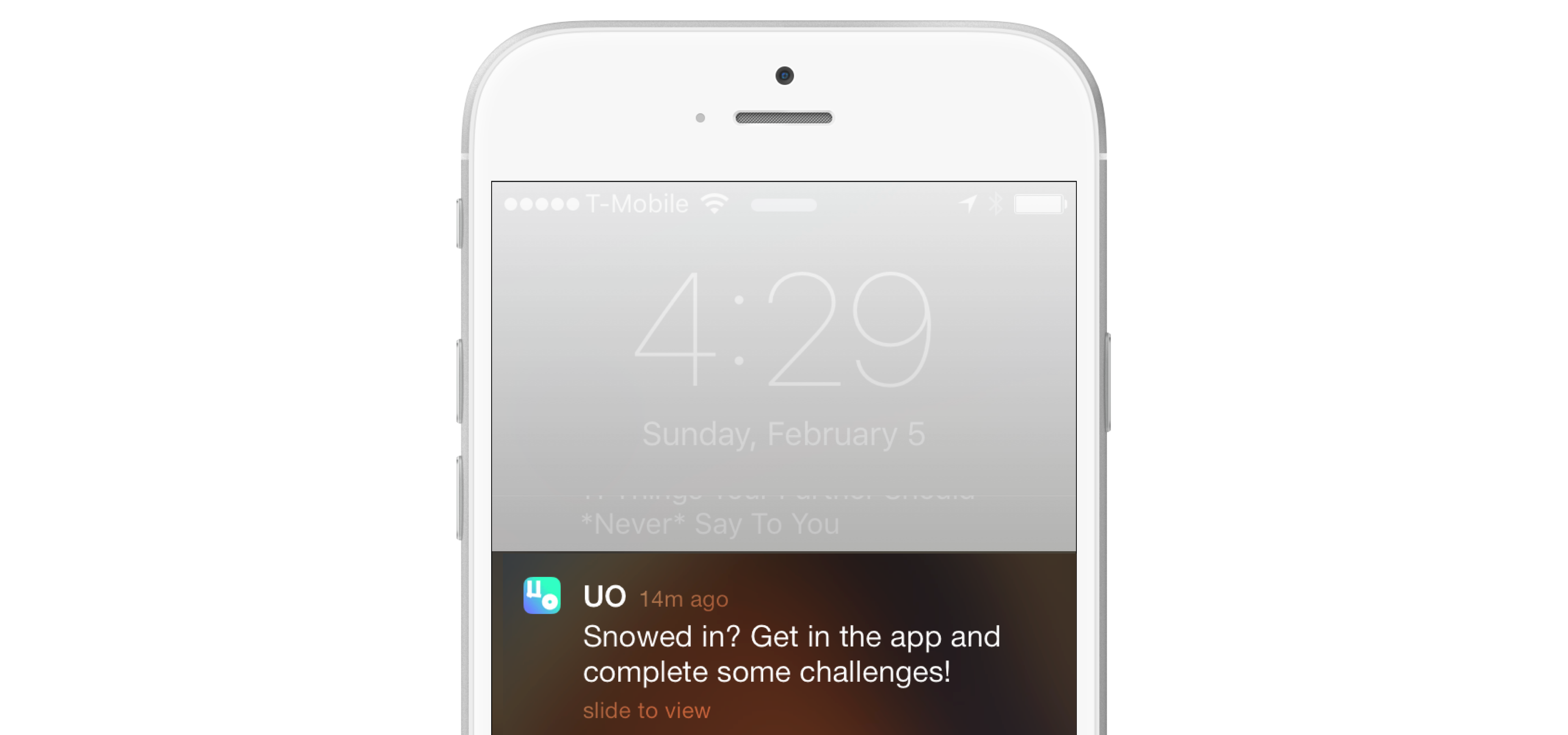 A smartphone displaying a notification about completing challenges in an app, with the time showing 4:29 PM on February 5.