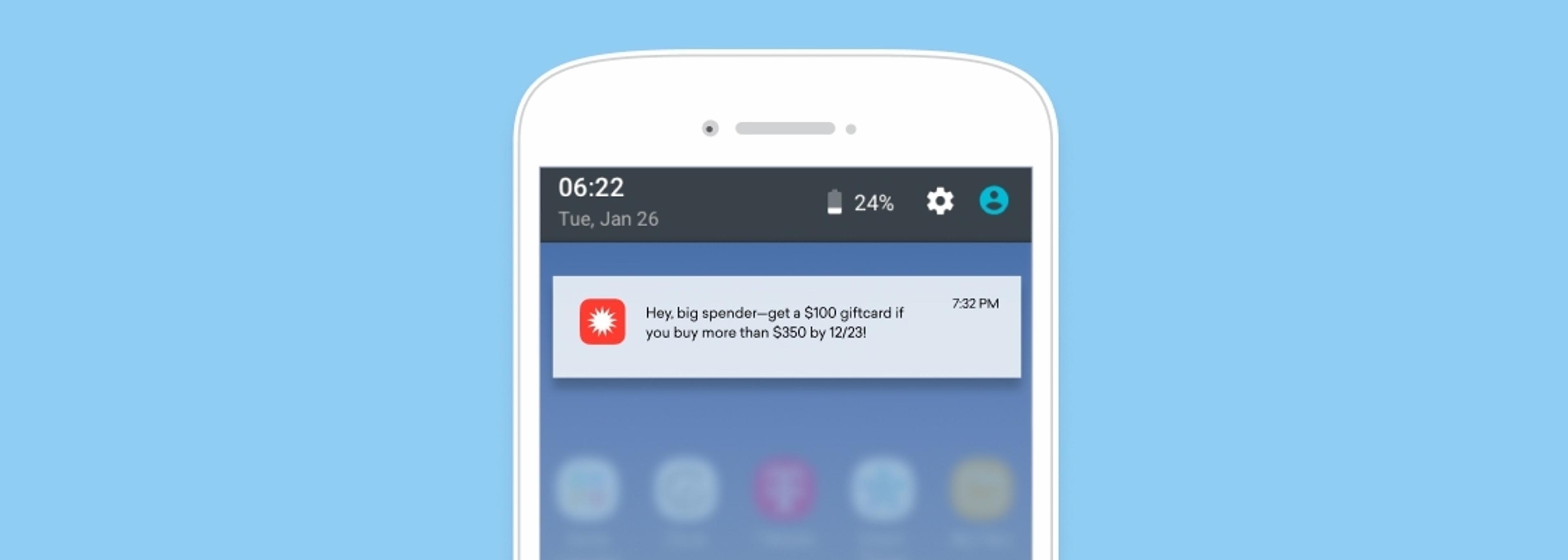 A smartphone screen displaying a notification about a $100 offer for spending more than $500 by a specific date. The time and battery status are also visible at the top.