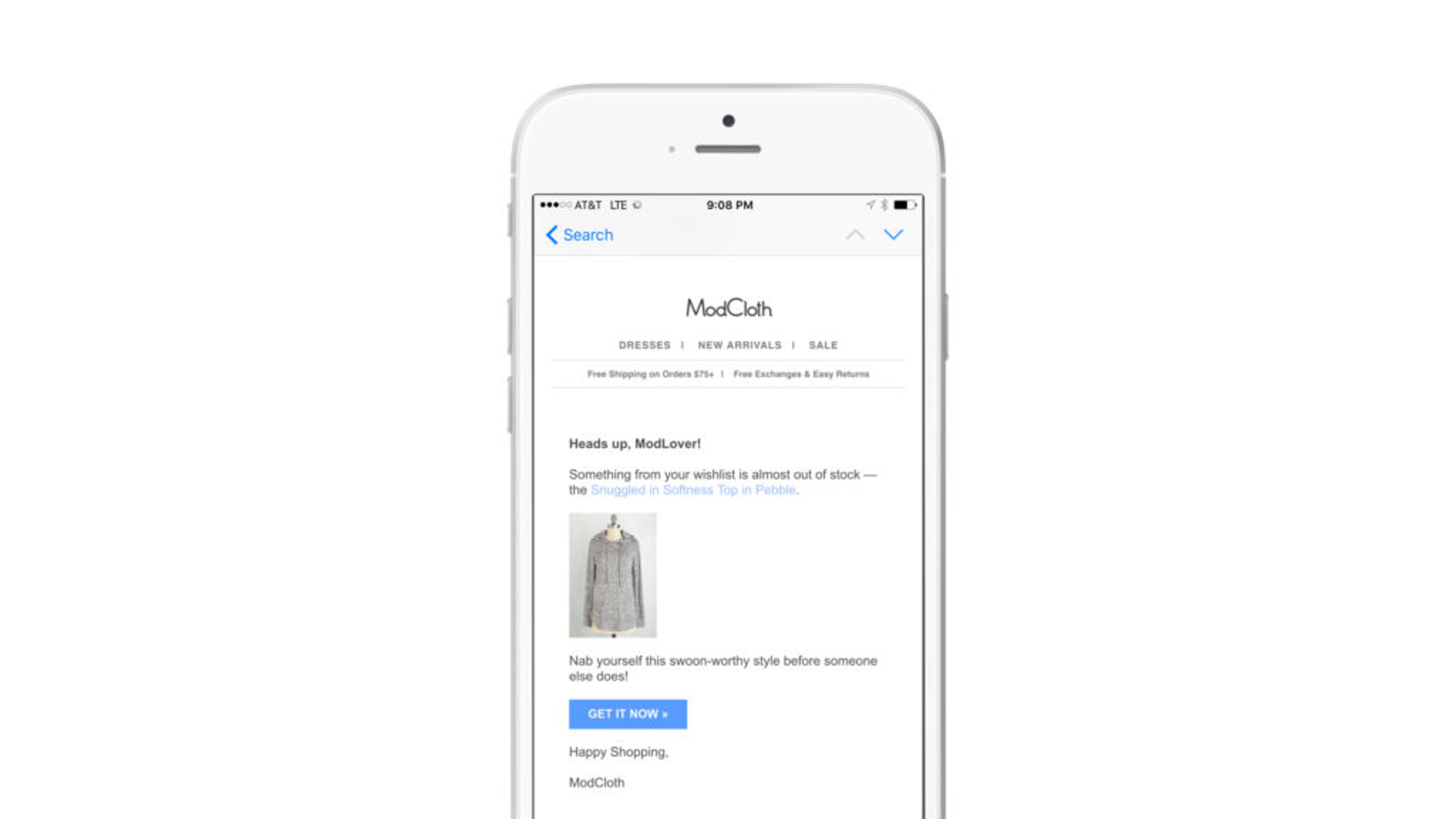 A mobile phone screen displaying an email from ModCloth about an item in the user's cart that is almost out of stock. The email includes a photo of a gray sweater and a "Get It Now" button.