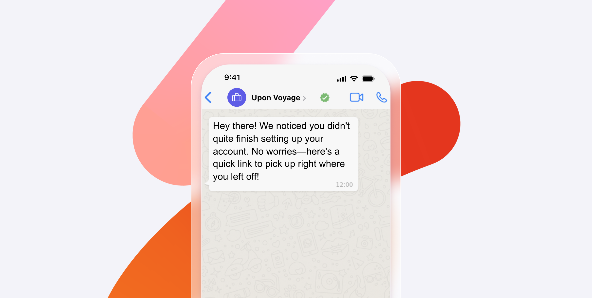A smartphone displays a message from "Upon Voyage" reminding the user to complete their account setup. The background features colorful abstract shapes.