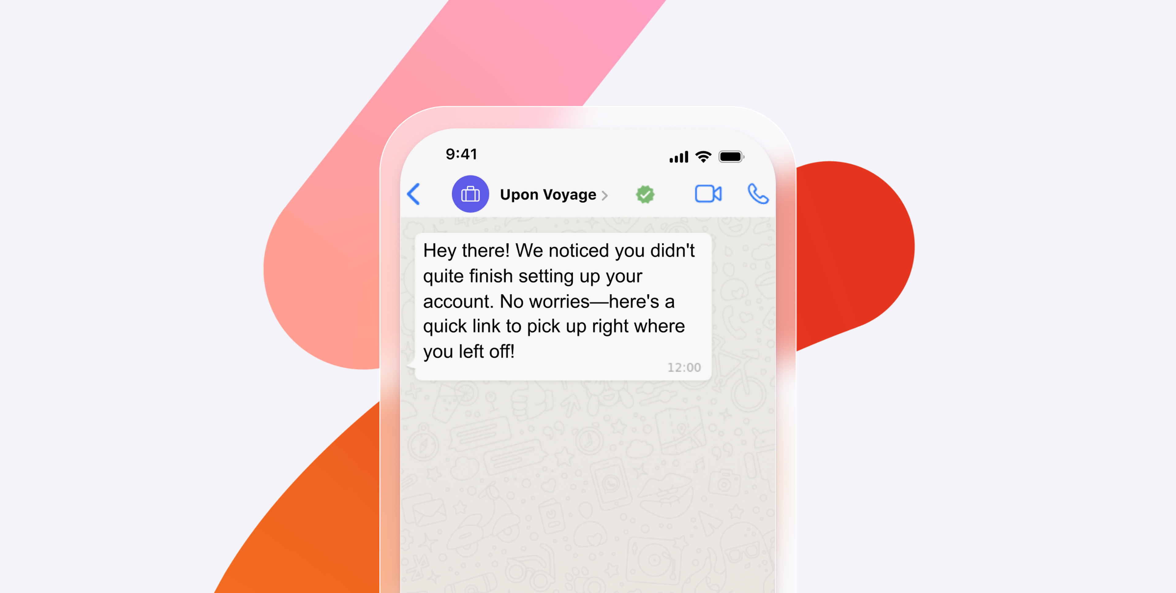 A smartphone displays a message from "Upon Voyage" reminding the user to complete their account setup. The background features colorful abstract shapes.