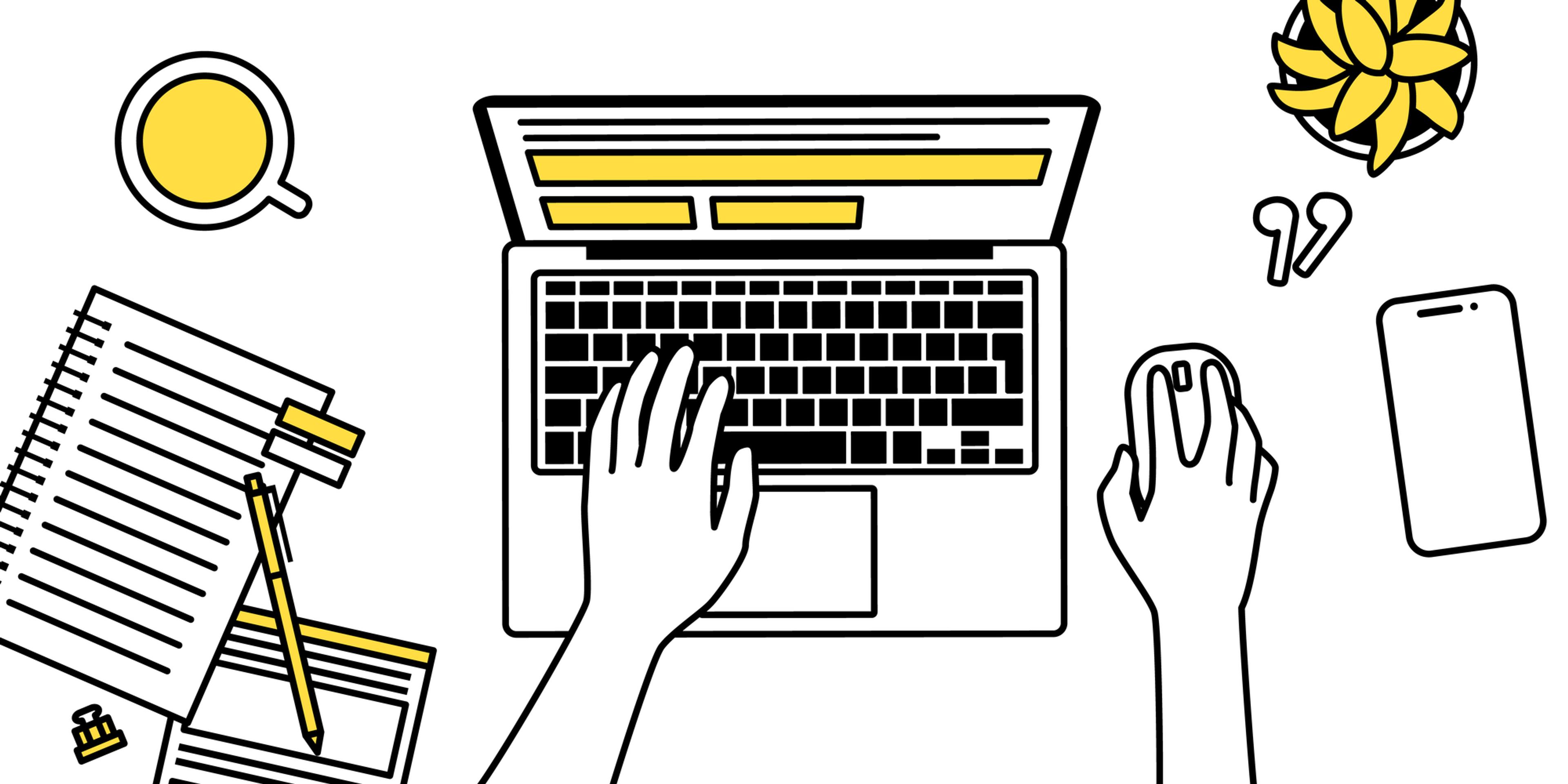 a person is typing on a laptop computer with a mouse .