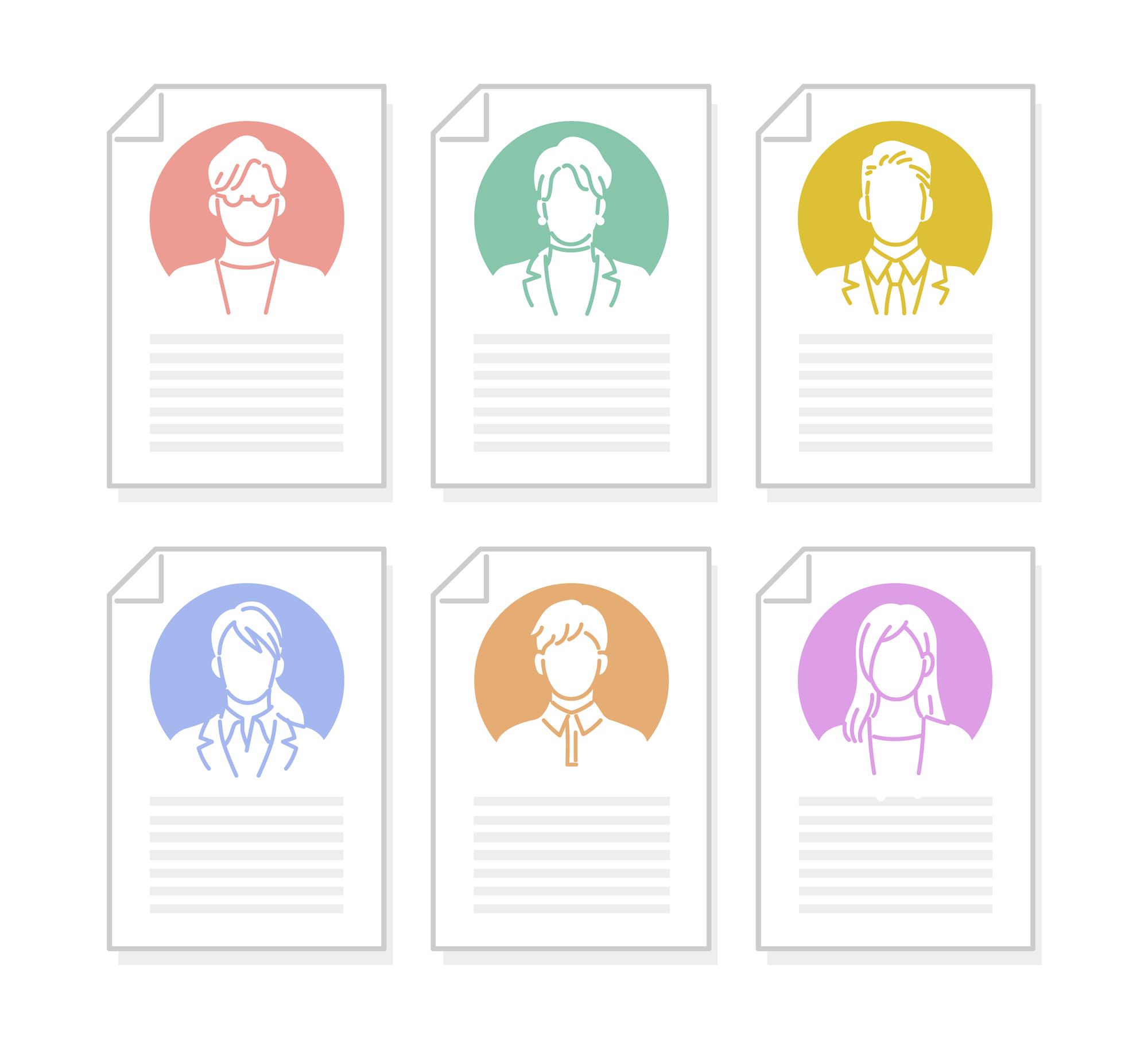 6つの人物のイラストが描かれた書類が並んでいます。各書類には人物の名前や情報が記載されています。