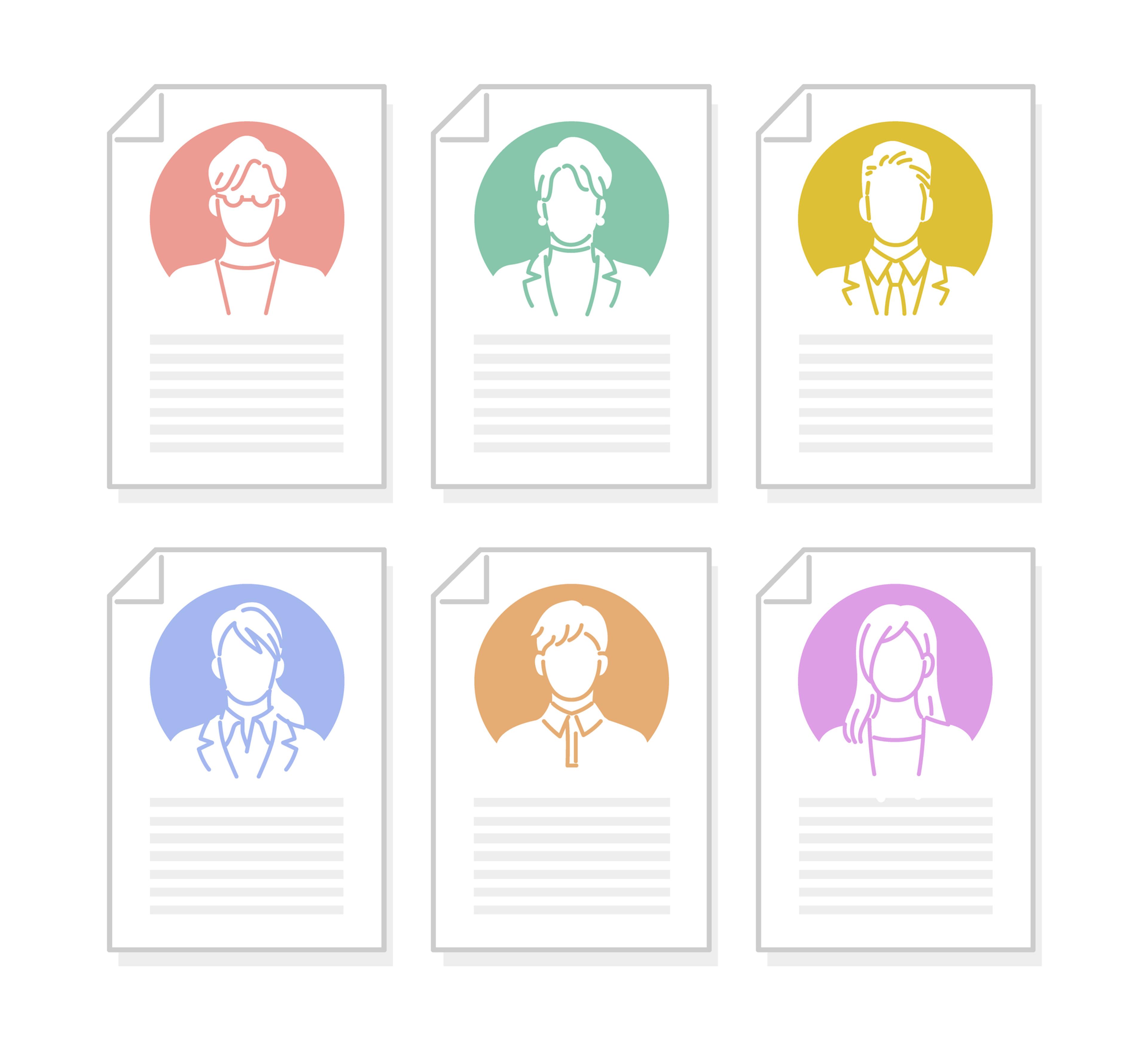 6つの人物のイラストが描かれた書類が並んでいます。各書類には人物の名前や情報が記載されています。