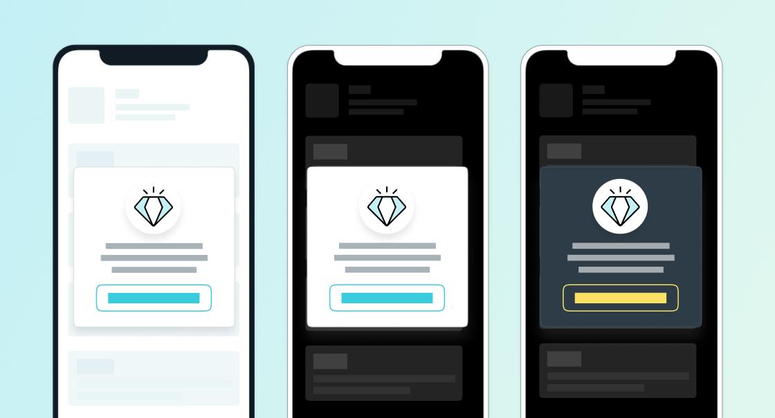 Three smartphones displaying a notification interface with a diamond icon and varying background colors. Each screen shows a different design layout for the notification.