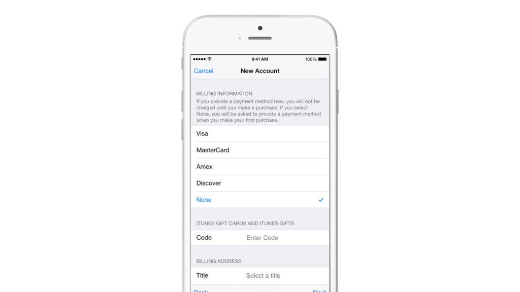 A smartphone screen displaying a "New Account" form for billing information, including options for credit card types and fields for entering a code and billing address.