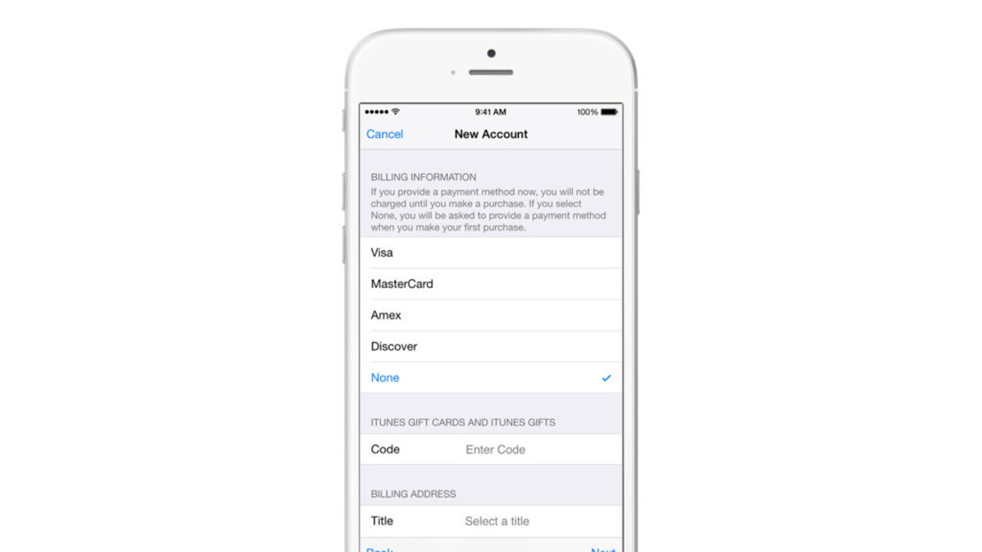 A smartphone screen displaying a "New Account" form for billing information, including options for credit card types and fields for entering a code and billing address.