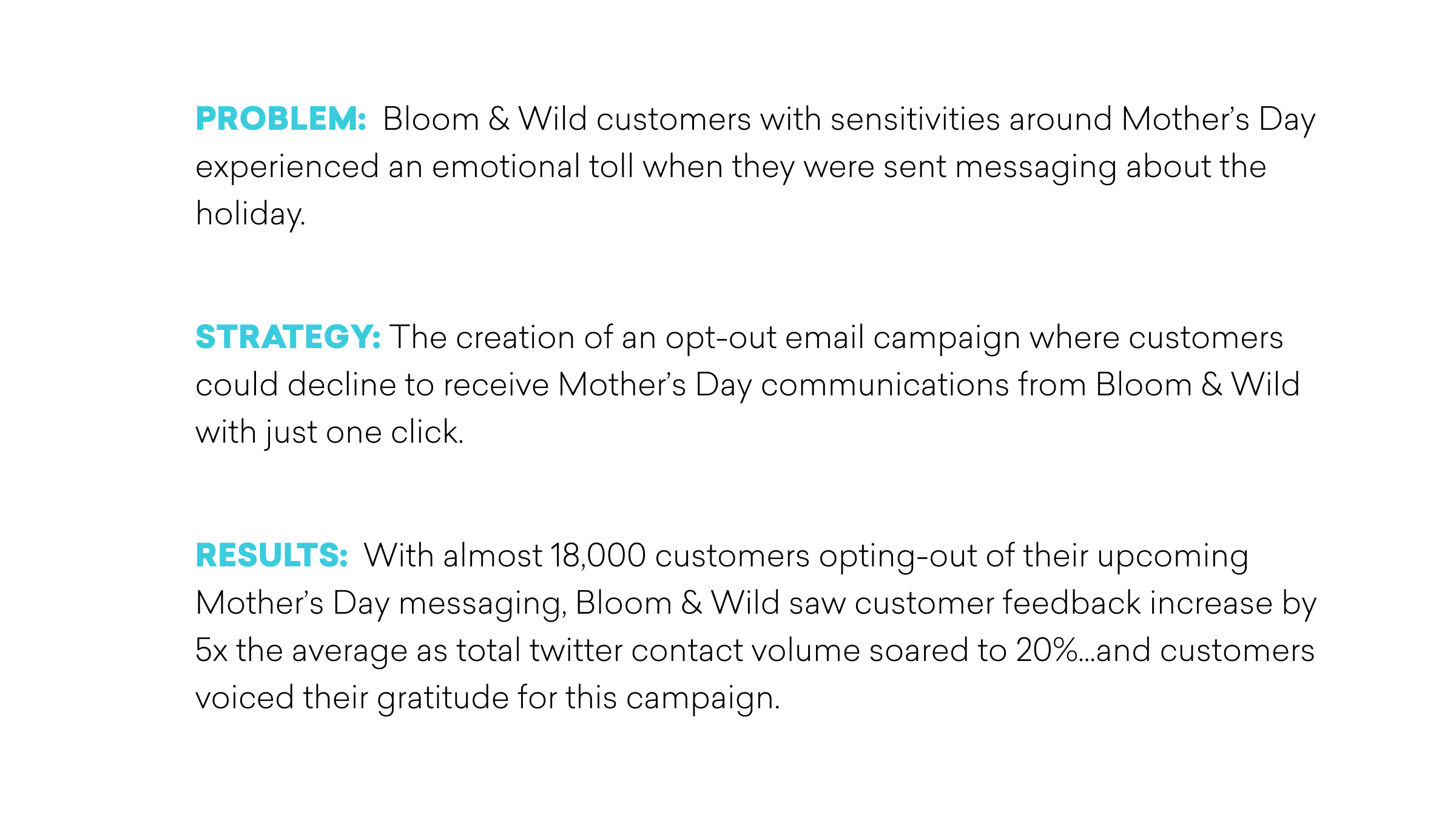 Text describing a marketing campaign by Bloom & Wild addressing customer sensitivities around Mother's Day, including a strategy for an opt-out email campaign and positive results from customer feedback.