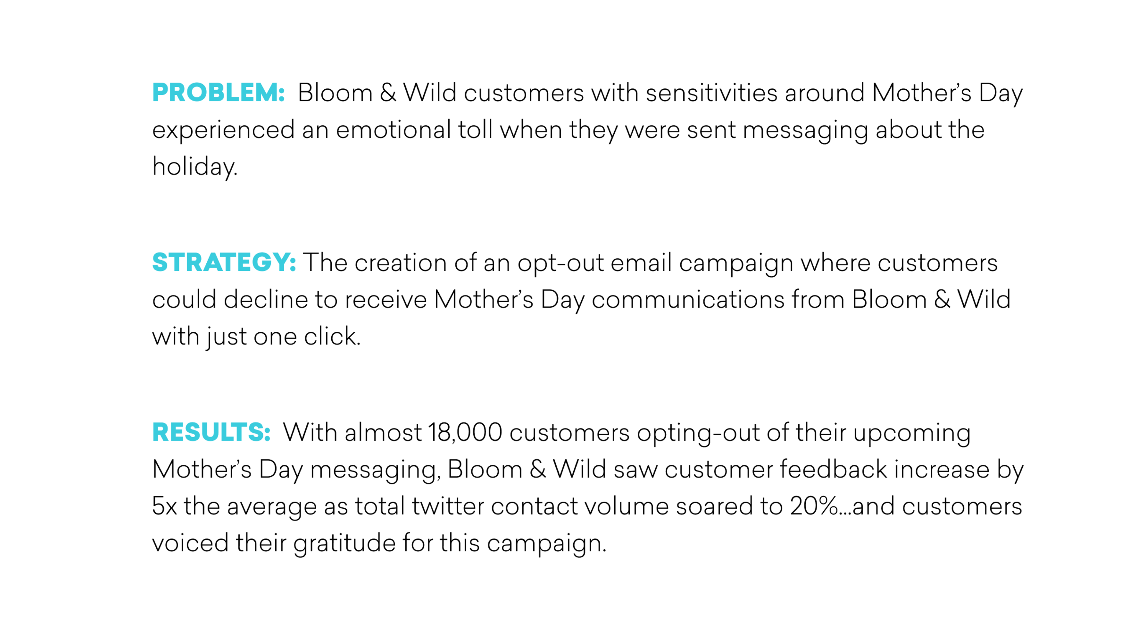 Text describing a marketing campaign by Bloom & Wild addressing customer sensitivities around Mother's Day, including a strategy for an opt-out email campaign and positive results from customer feedback.
