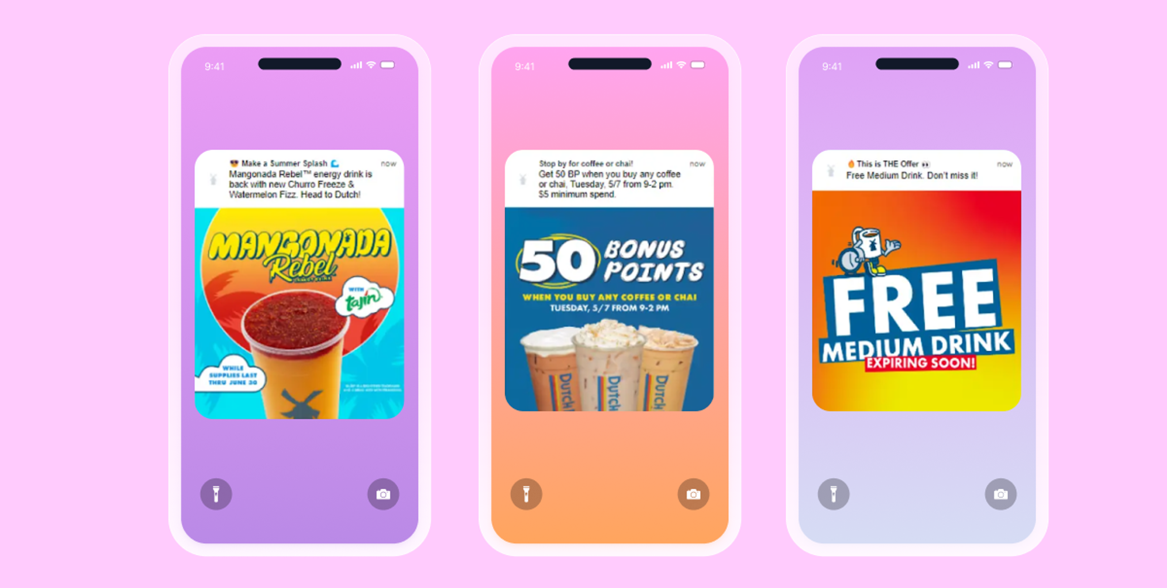 Three smartphone screens displaying promotional offers: a colorful drink advertisement, a bonus points promotion, and a free medium drink offer. The background is a light pink.