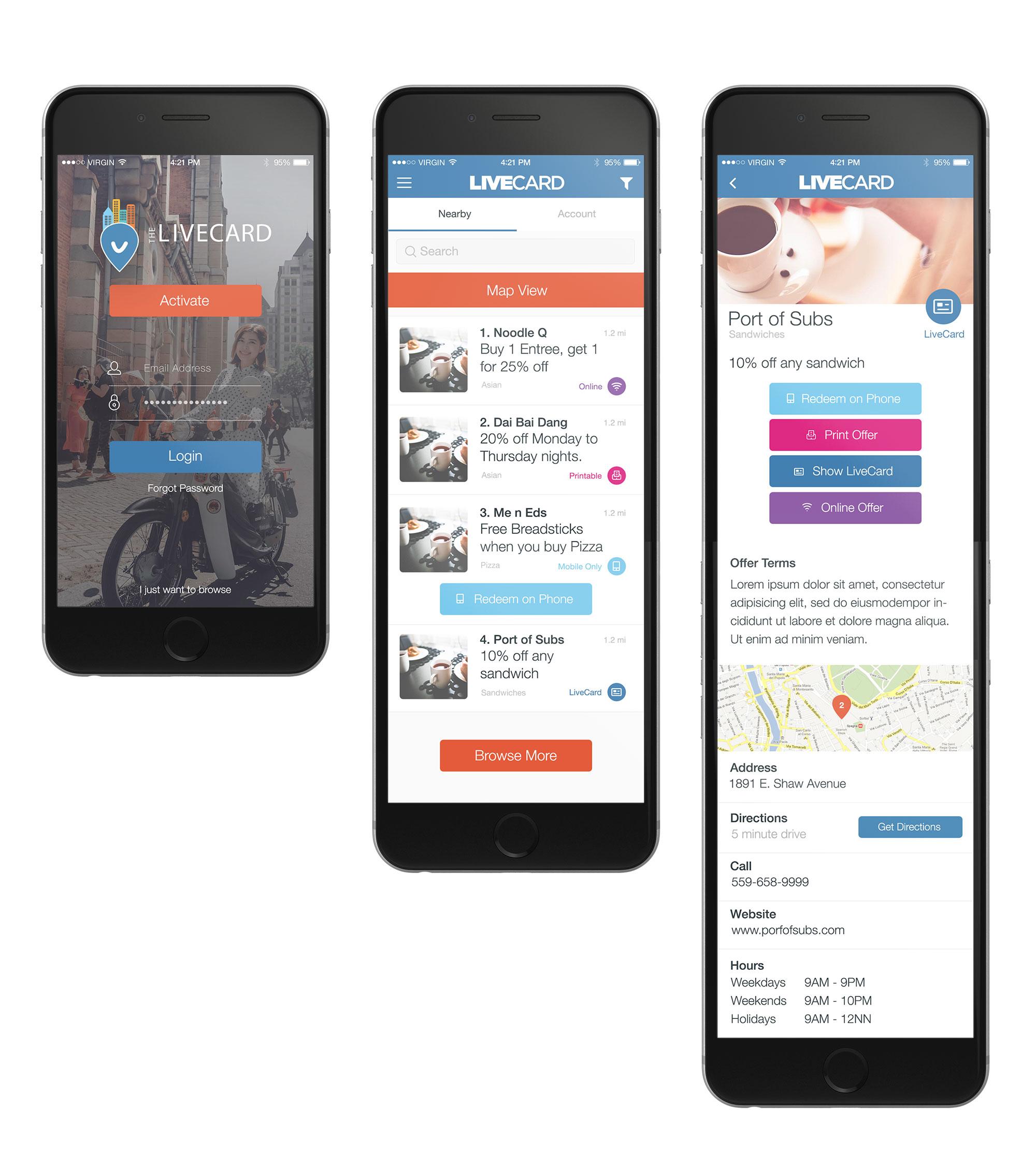 Three smartphone screens displaying the LiveCard app. The first screen shows the login page, the second features a map view with nearby offers, and the third provides details about a sandwich shop promotion.