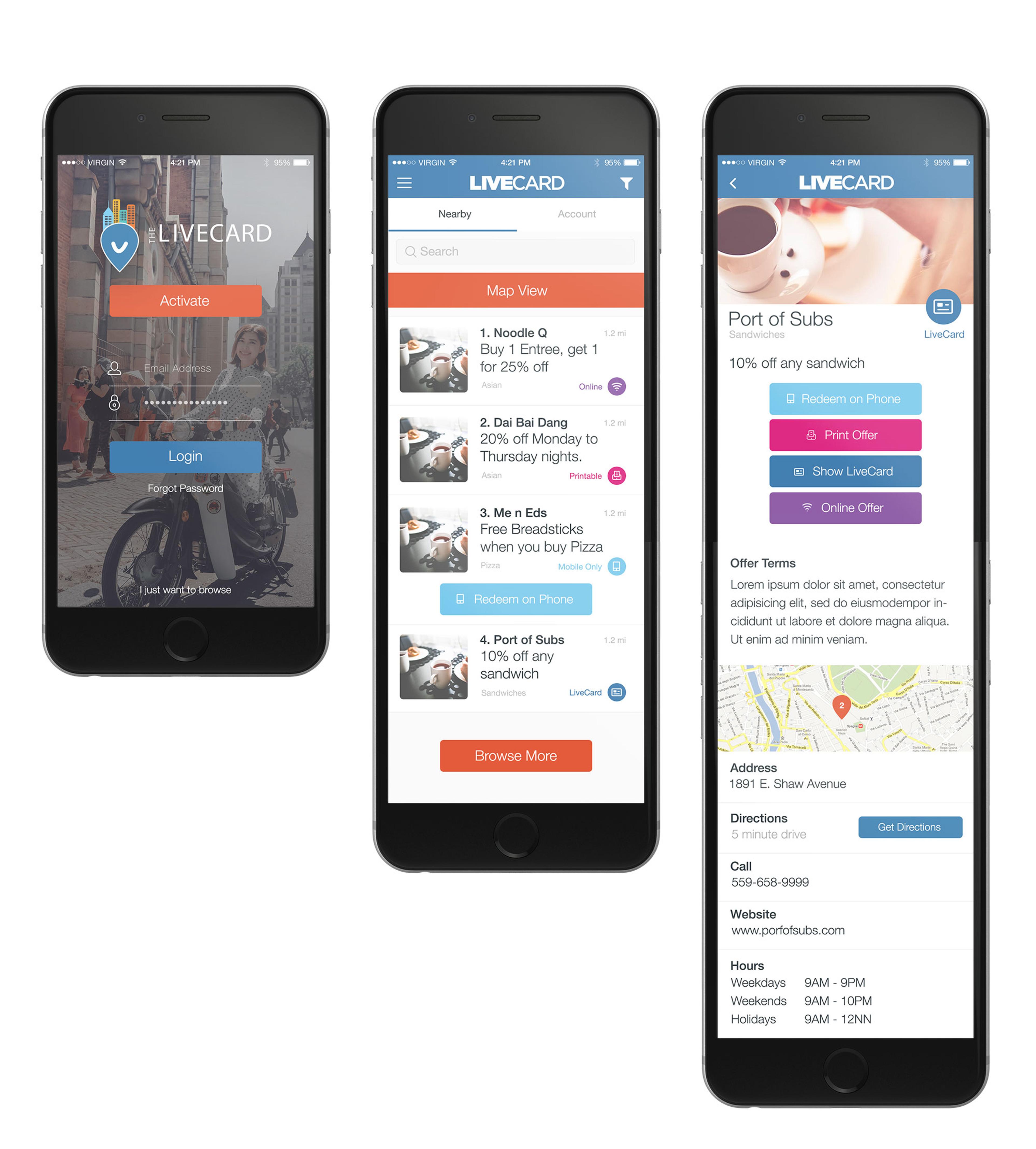 Three smartphone screens displaying the LiveCard app. The first screen shows the login page, the second features a map view with nearby offers, and the third provides details about a sandwich shop promotion.
