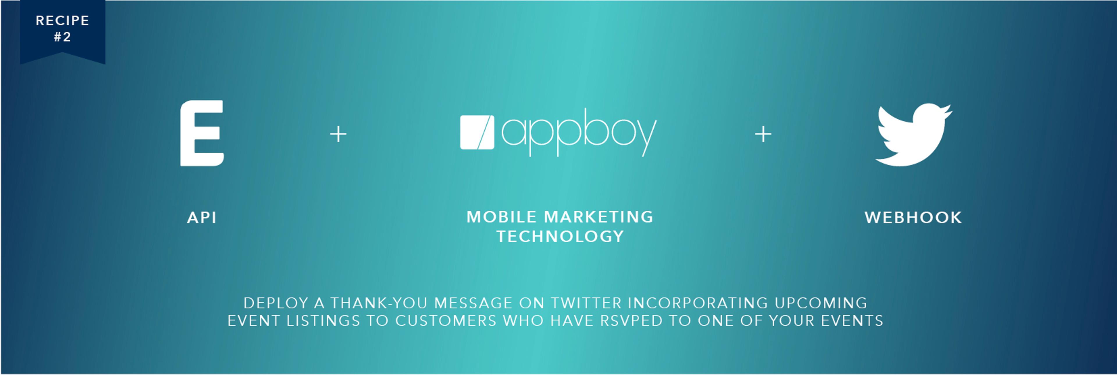 A graphic illustrating a recipe for deploying a thank-you message on Twitter using API, mobile marketing technology, and webhook, with logos of the respective services.