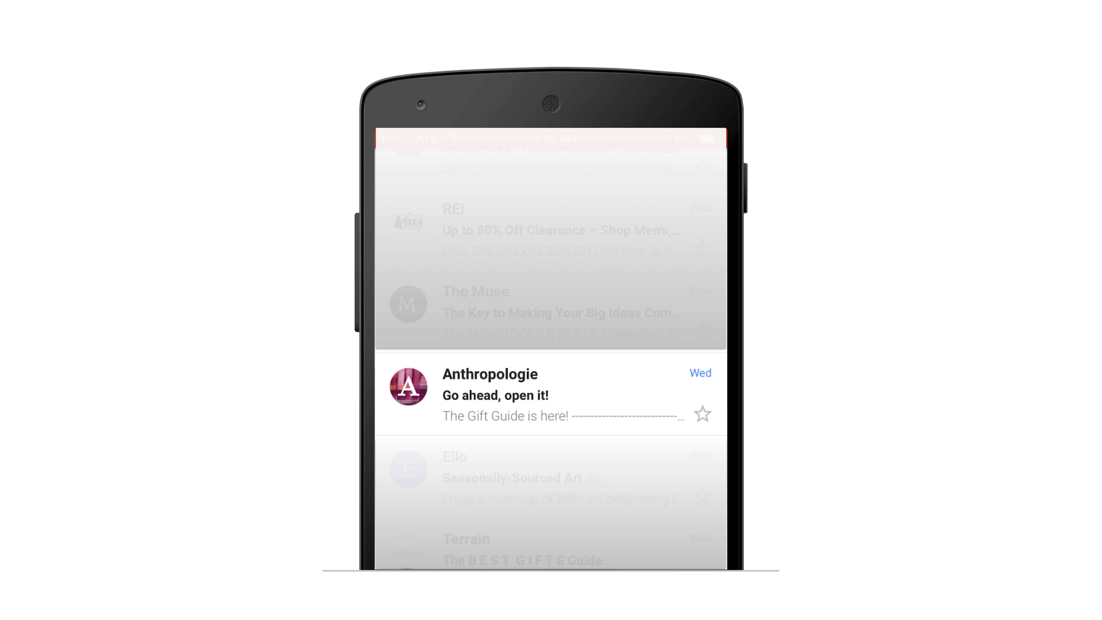 A smartphone screen displaying an email from Anthropologie with the subject "Go ahead, open it! The Gift Guide is here!