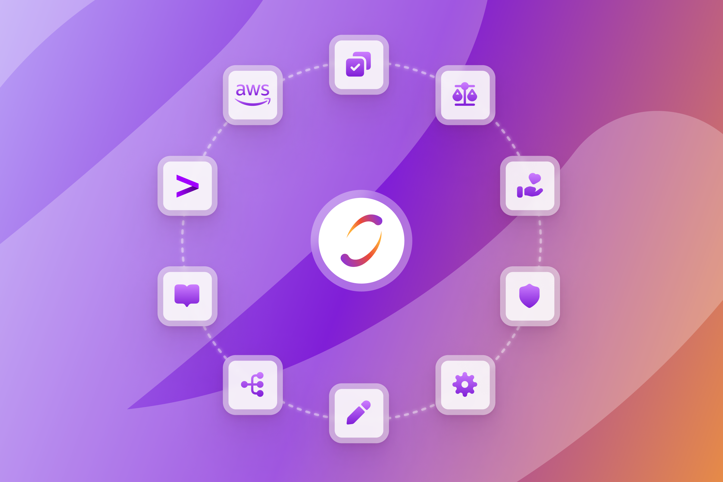 an aws logo is surrounded by other icons on a purple background
