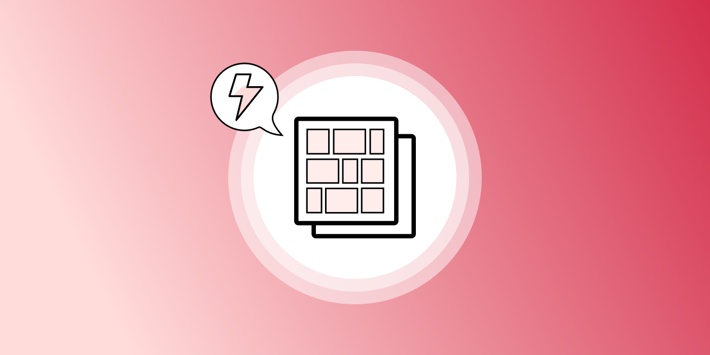 An icon depicting a grid with a speech bubble containing a lightning bolt, set against a gradient red background.