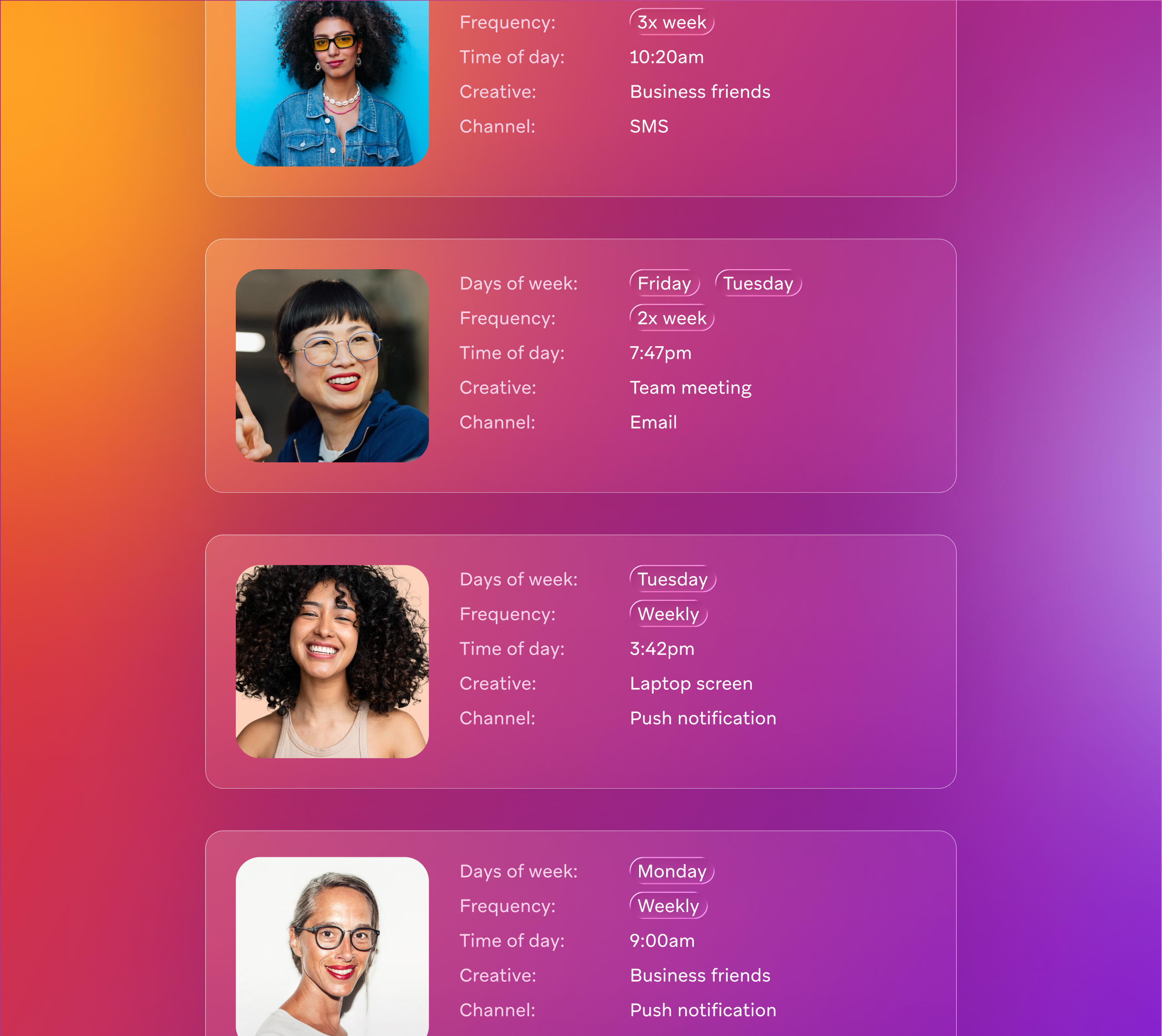 Four cards in a user interface, each showing a woman's profile picture with her communication schedule, purpose, and channel details.