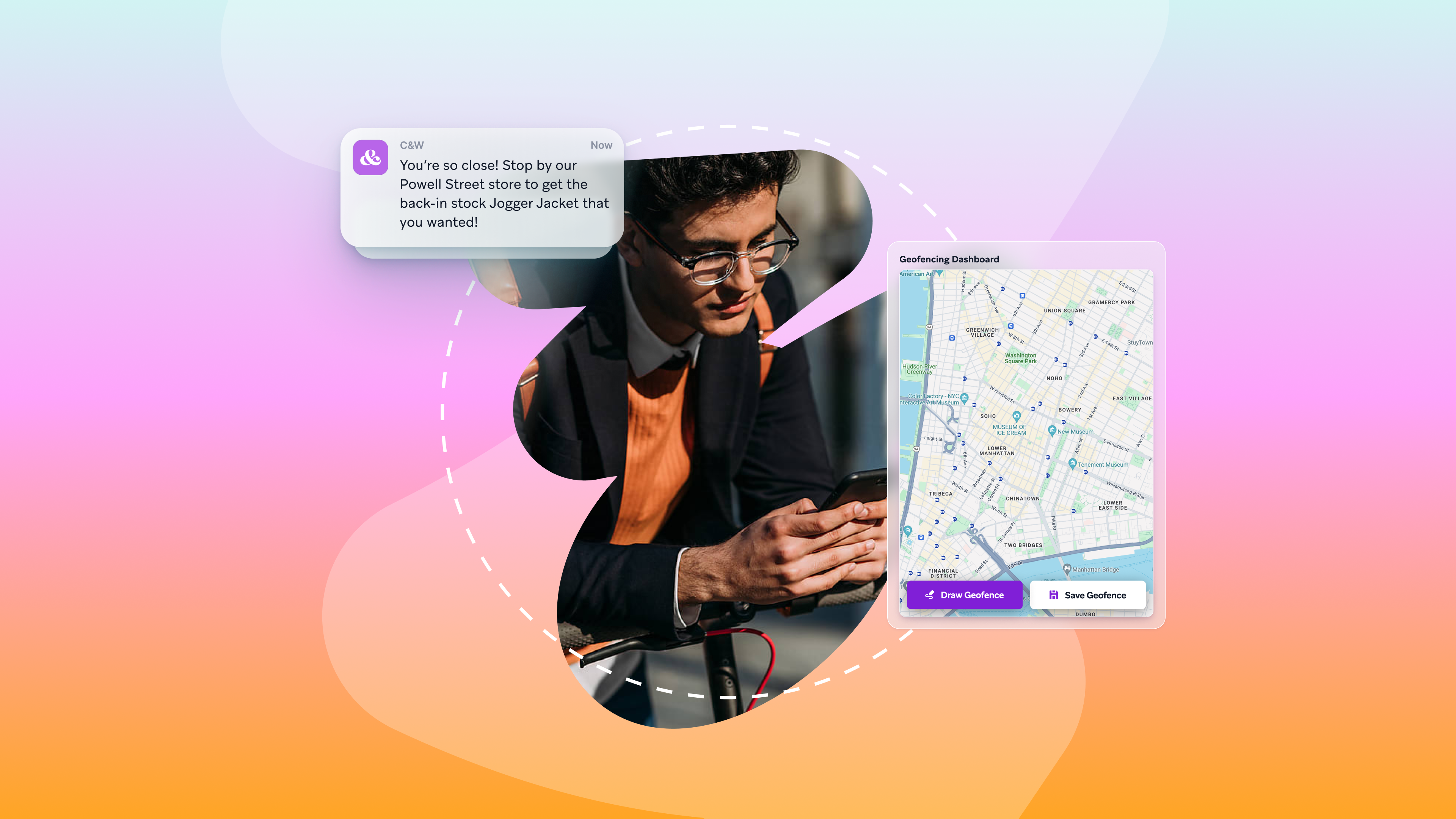 Man on electric scooter receives a location-based store notification, with a geofencing dashboard showing a map.