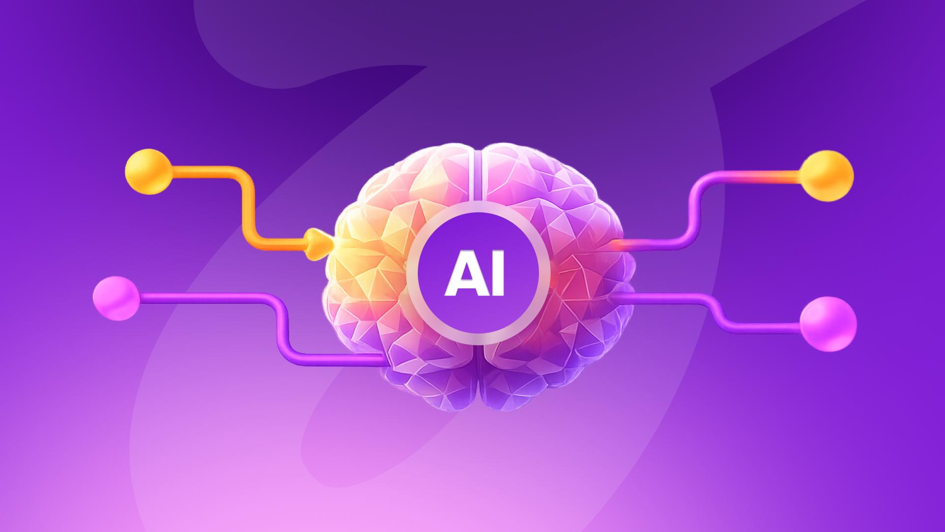 A stylized geometric brain with "AI" in the center, connected by input and output wires.