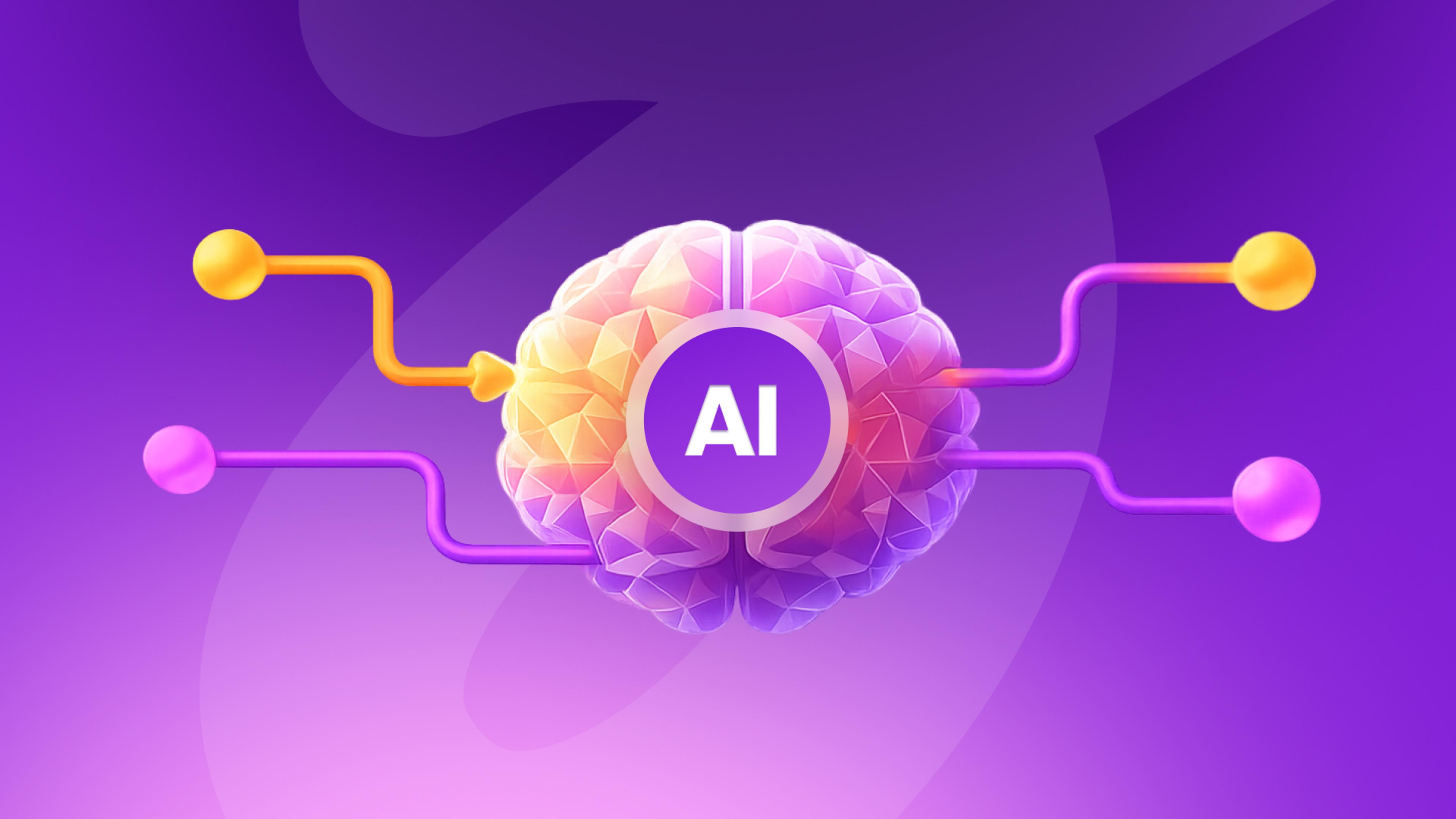 A stylized geometric brain with "AI" in the center, connected by input and output wires.