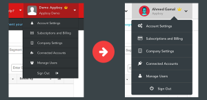 A user interface showing a dropdown menu with options for account settings, subscriptions, company settings, and user management. An arrow points to a second menu with similar options for a different user.