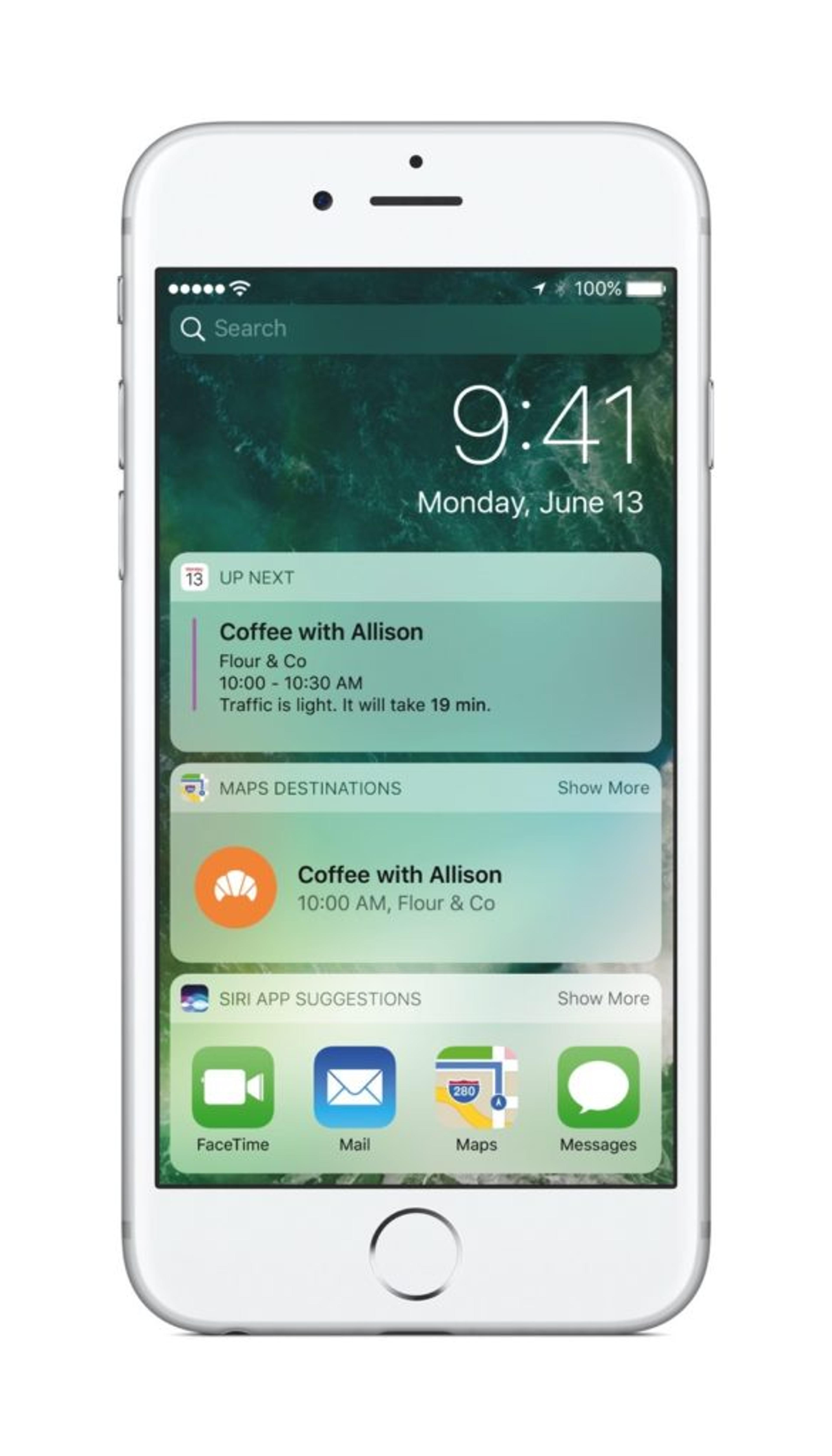 A smartphone screen displaying a calendar event for "Coffee with Allison" scheduled for 10:00 AM at "Flour & Co," with a notification indicating travel time. The date shown is Monday, June 13.