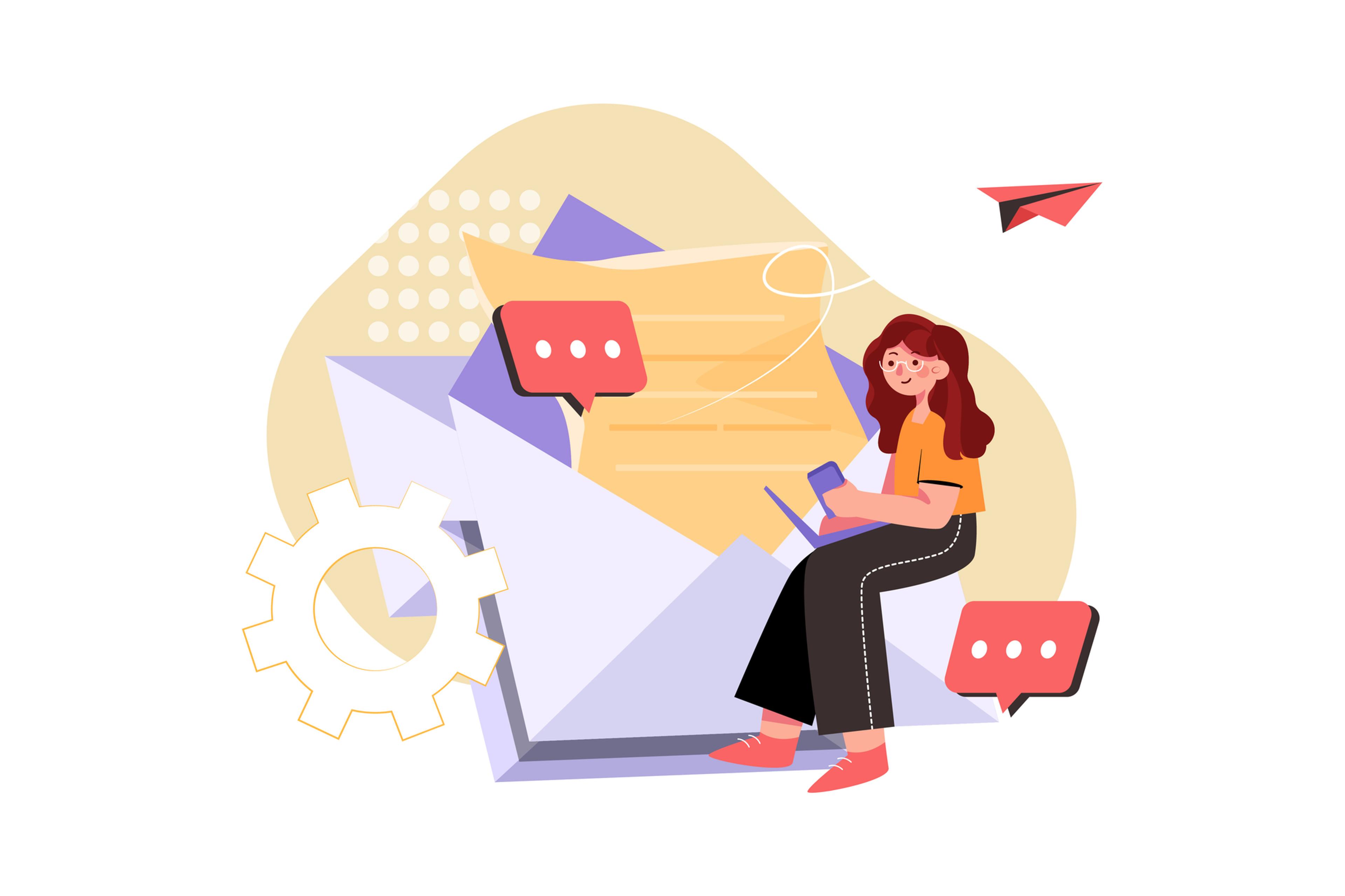 a woman is sitting on an envelope with a laptop .