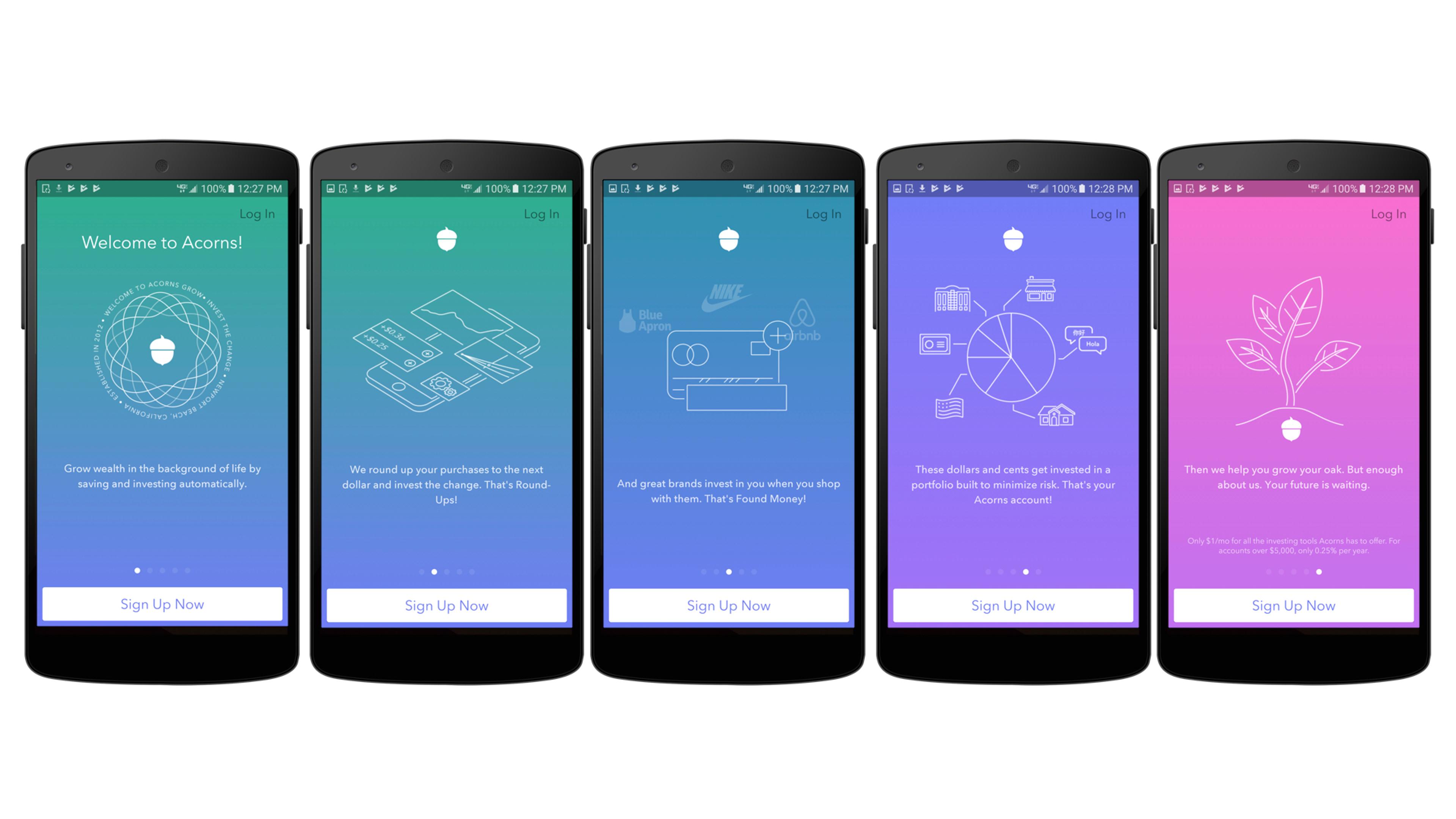 Five smartphone screens displaying the Acorns app onboarding process, featuring colorful backgrounds and text introducing the app's features and benefits. Each screen invites users to sign up or log in.