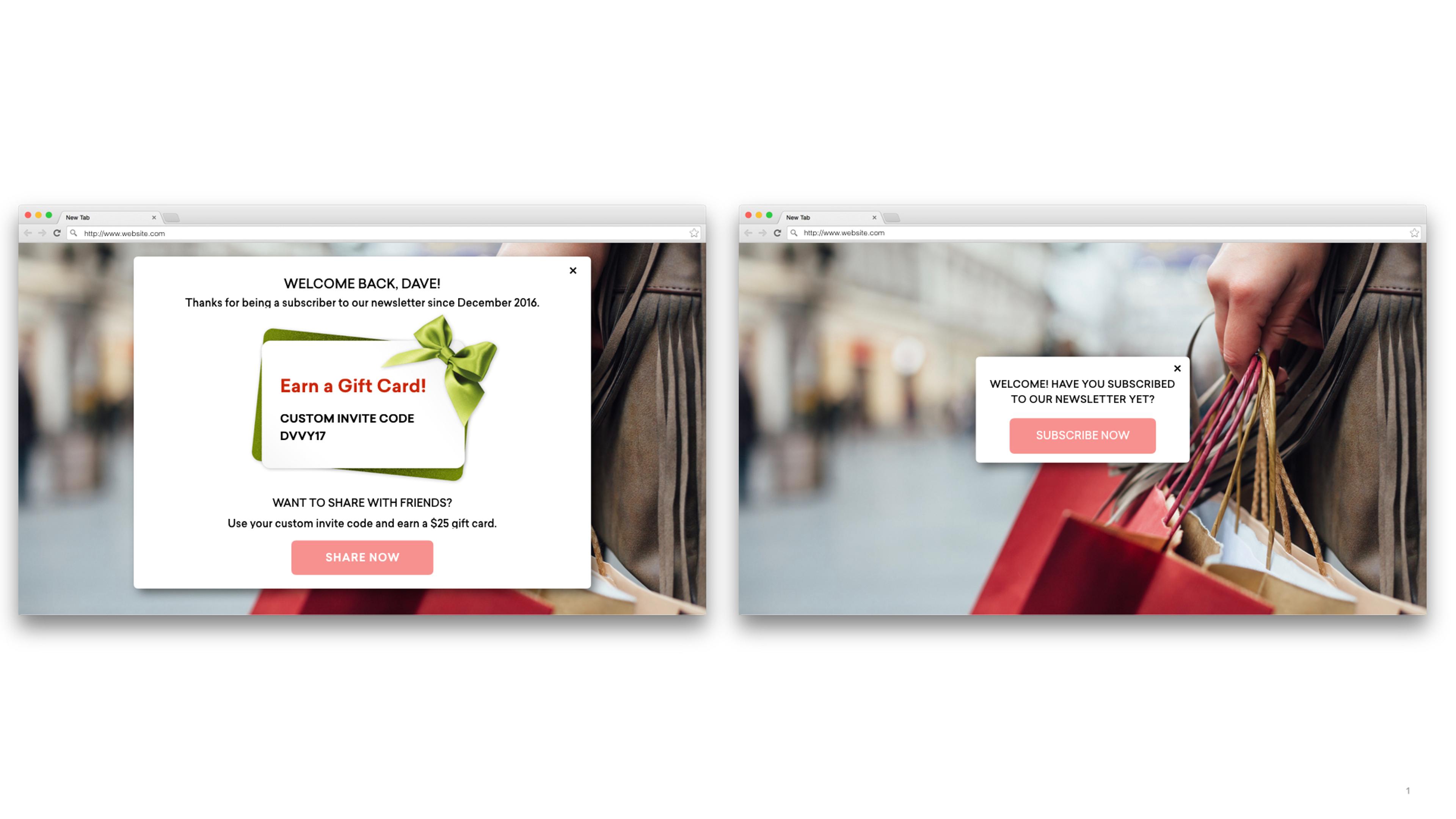 Two web pages displayed side by side. The left page welcomes a user back and offers a gift card, while the right page prompts a subscription to a newsletter.