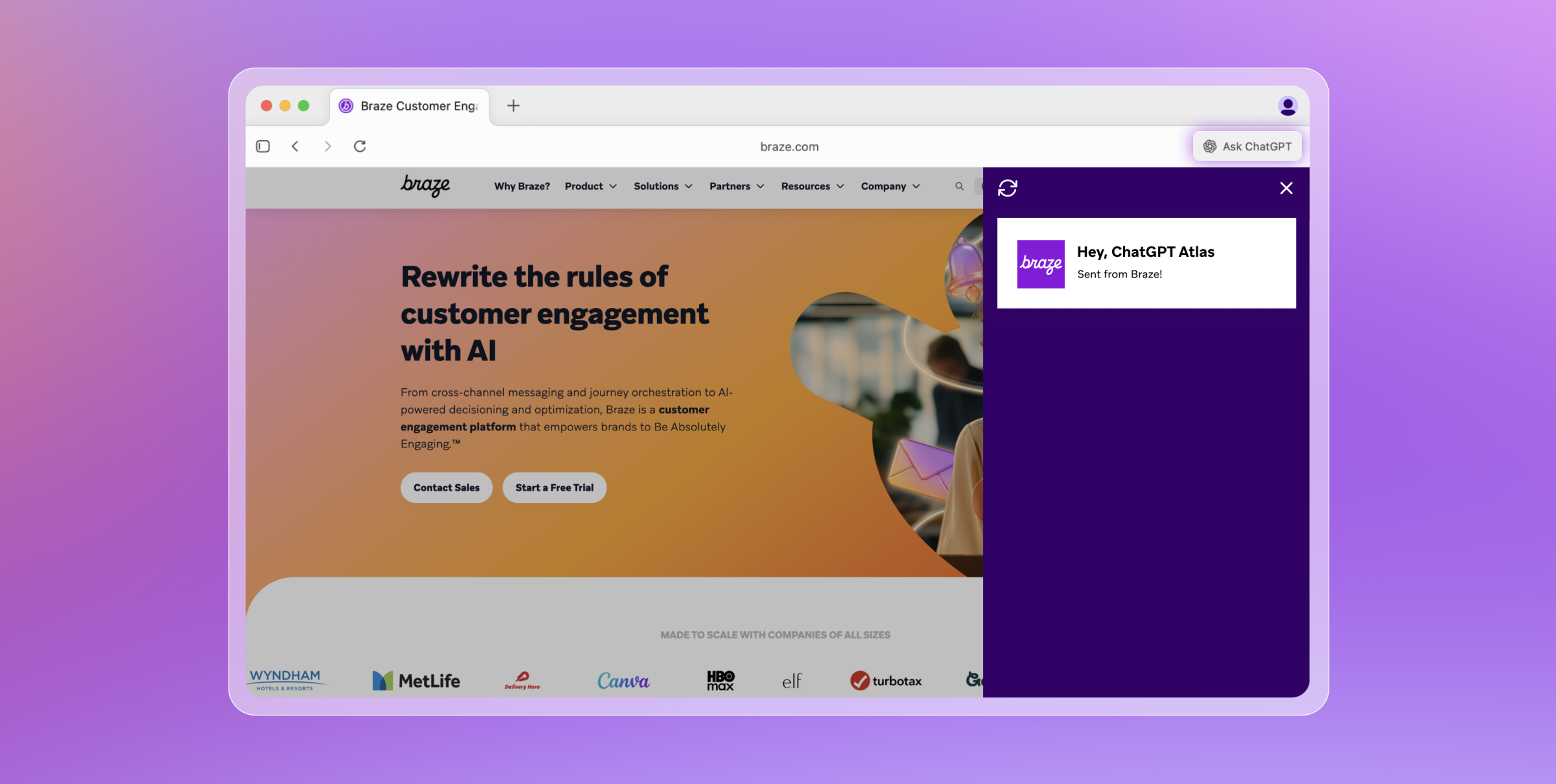 A browser displays the Braze website, featuring a headline about AI customer engagement and a chat window titled 'Hey, ChatGPT Atlas'.