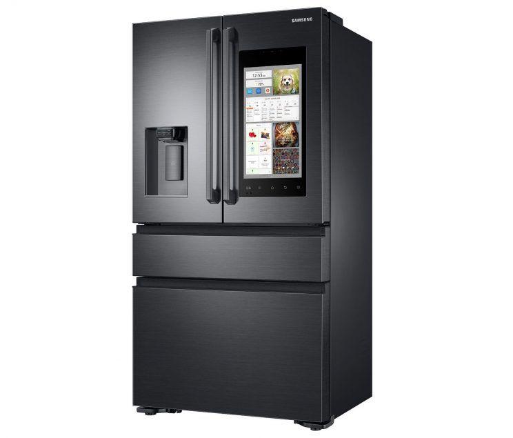 A black Samsung refrigerator with a touchscreen display and a water dispenser on the front. It features a French door design with two upper compartments and a lower freezer drawer.