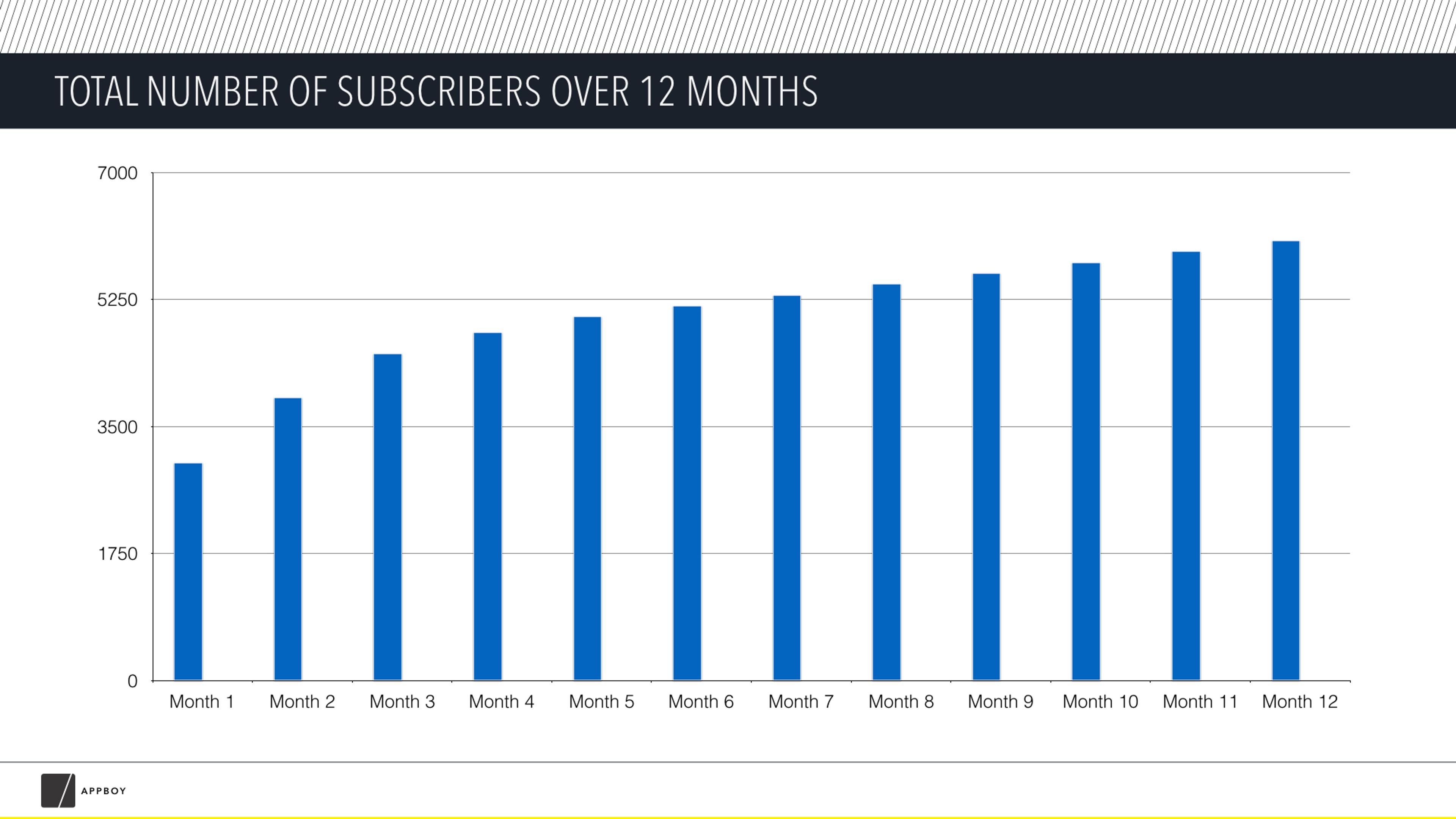 A bar graph showing the total number of subscribers over 12 months, with a steady increase from Month 1 to Month 12. The highest value reaches nearly 7,000 subscribers by Month 12.