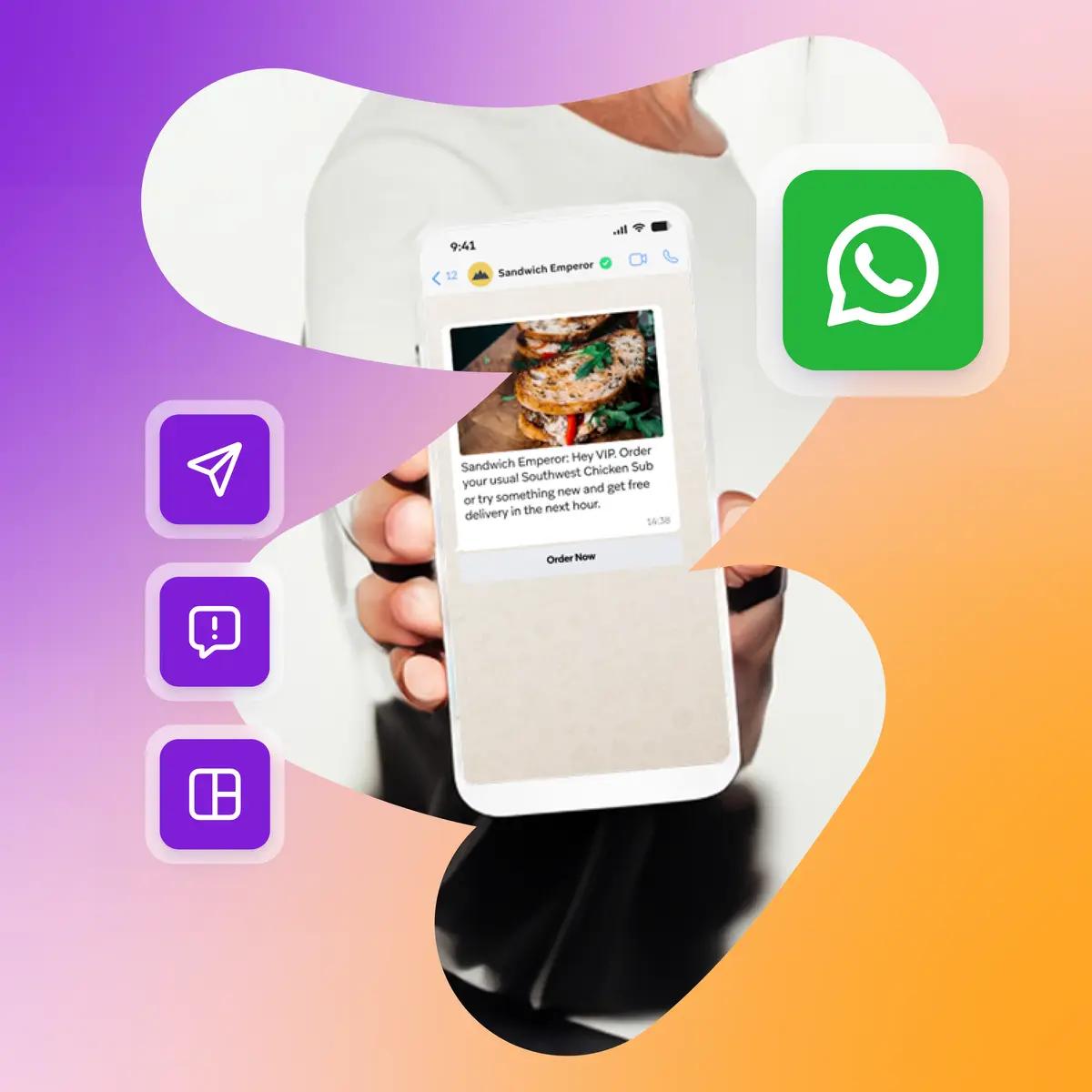 Smartphone displaying a WhatsApp business message for a sandwich shop, with a WhatsApp logo and communication icons.