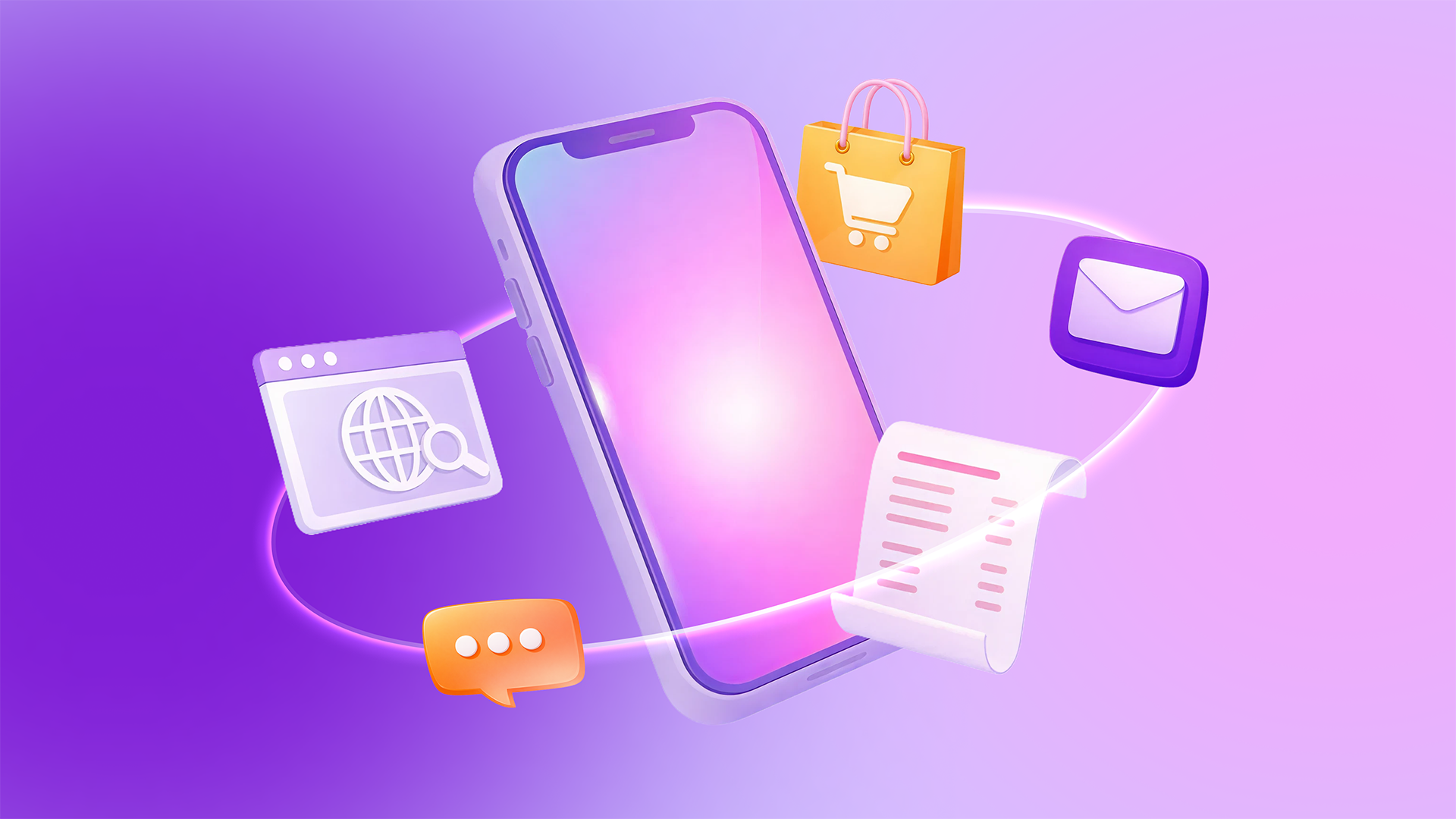 Smartphone with icons for online shopping, communication, and web browsing.