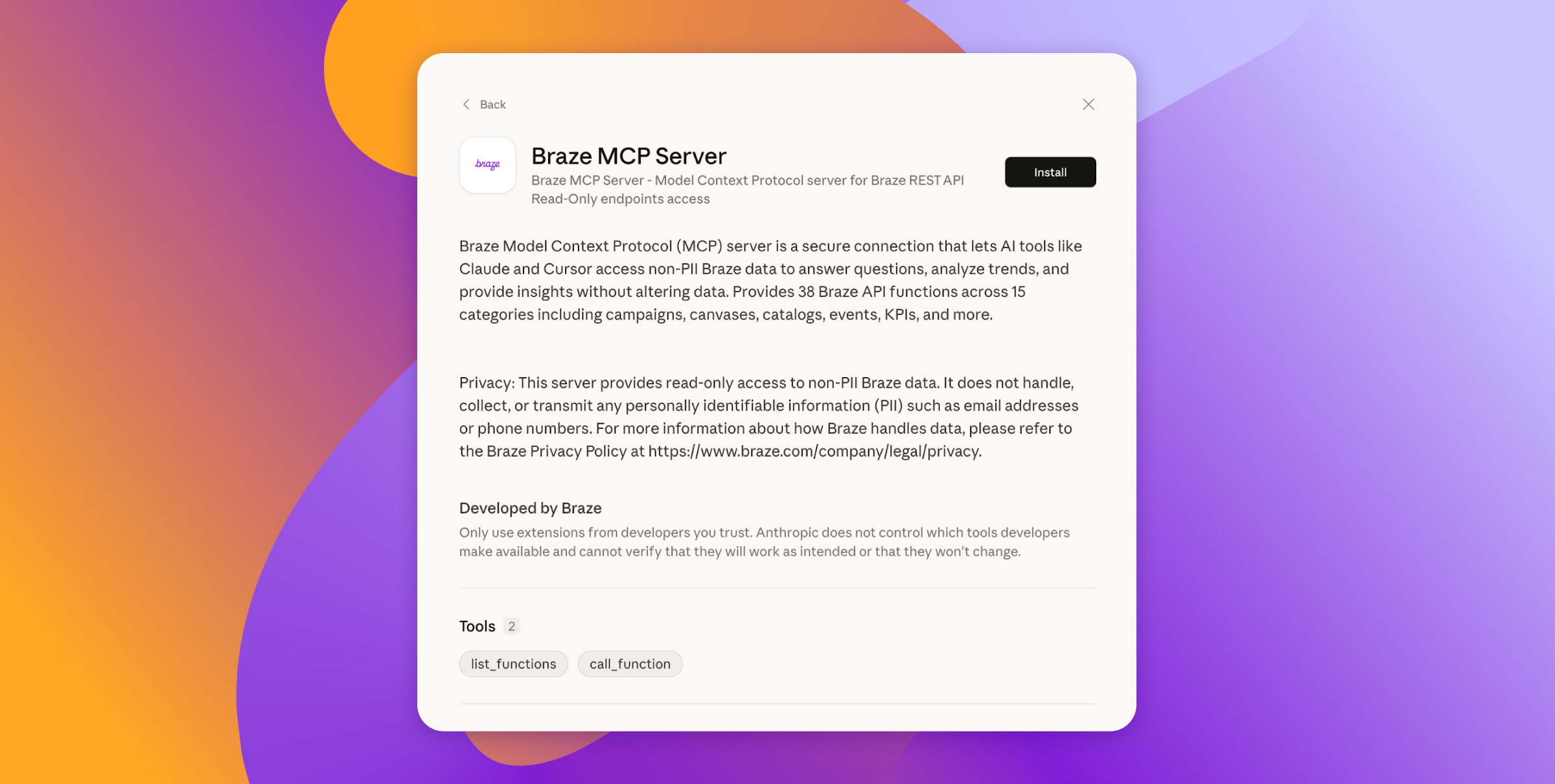 Pantalla de instalación del servidor MCP de Braze con el botón "Instalar", que detalla su función para que las herramientas de IA accedan a datos no IPI de Braze.