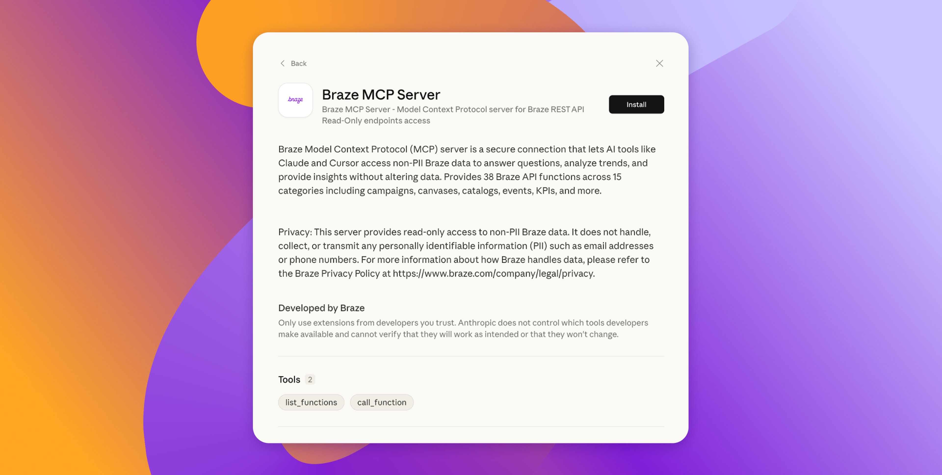 Pantalla de instalación del servidor MCP de Braze con el botón "Instalar", que detalla su función para que las herramientas de IA accedan a datos no IPI de Braze.