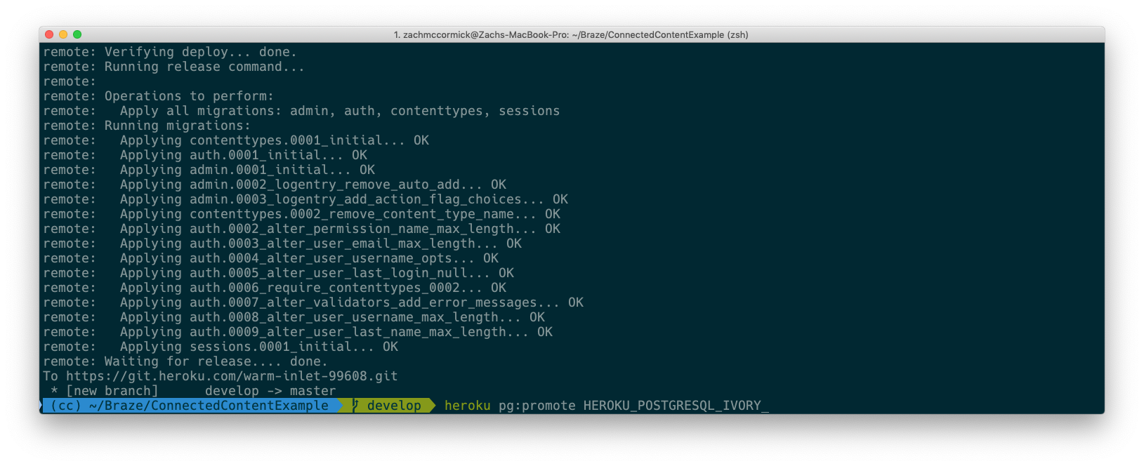 A terminal window displaying a deployment process with various migration steps and their statuses, indicating successful operations. The current branch is "develop" and the command prompt shows the project directory.