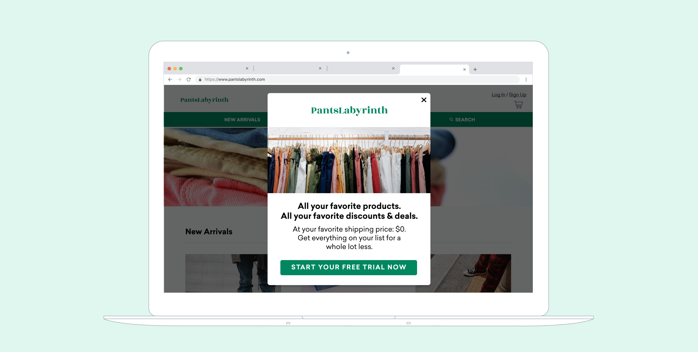 ウェブサイトのポップアップが表示されており、商品の割引や特典を紹介しています。無料トライアルを開始するボタンがあります。