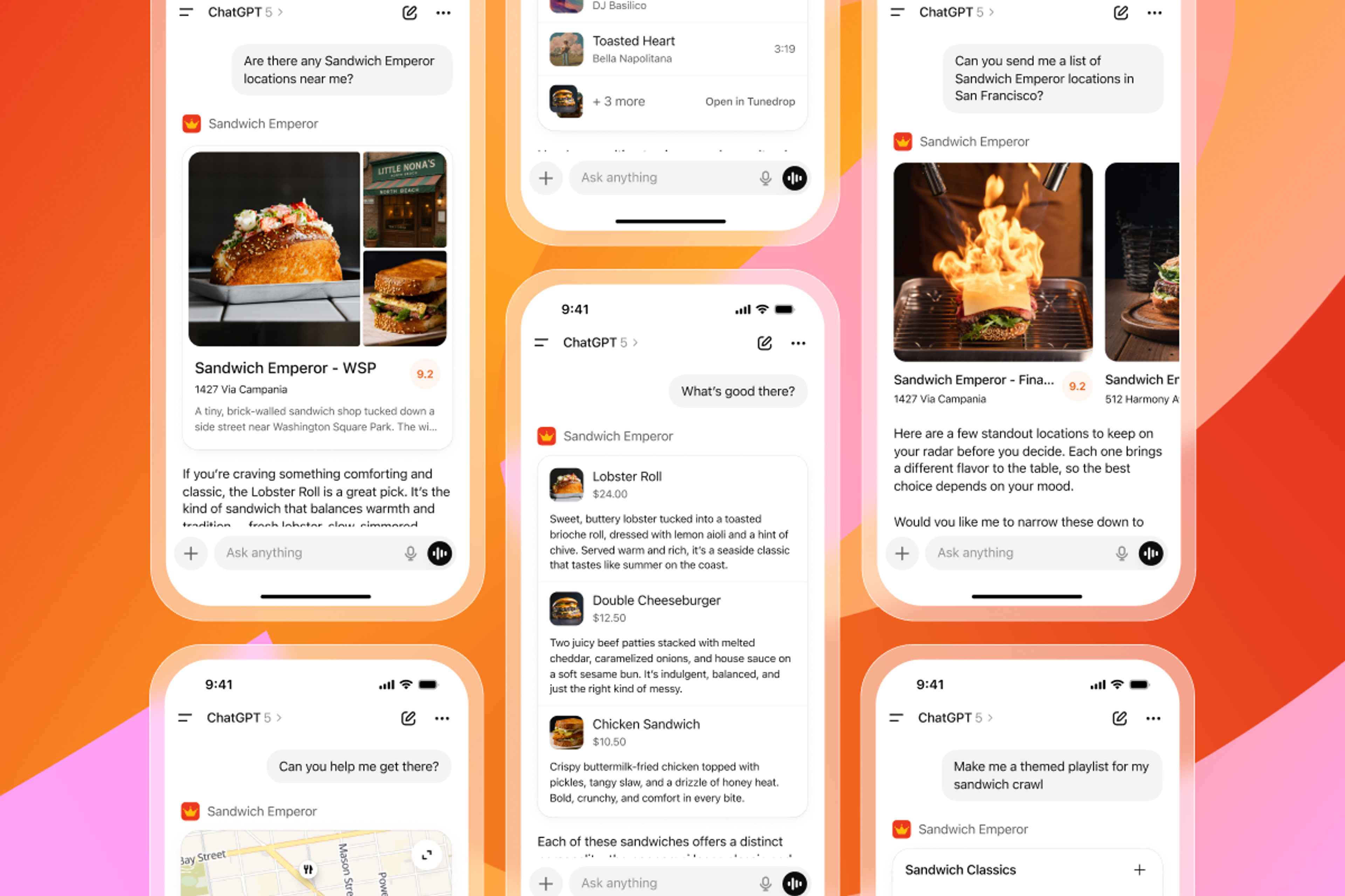 Multiple smartphone screens display ChatGPT conversations about "Sandwich Emperor", showing restaurant information, menus, locations, and food images.