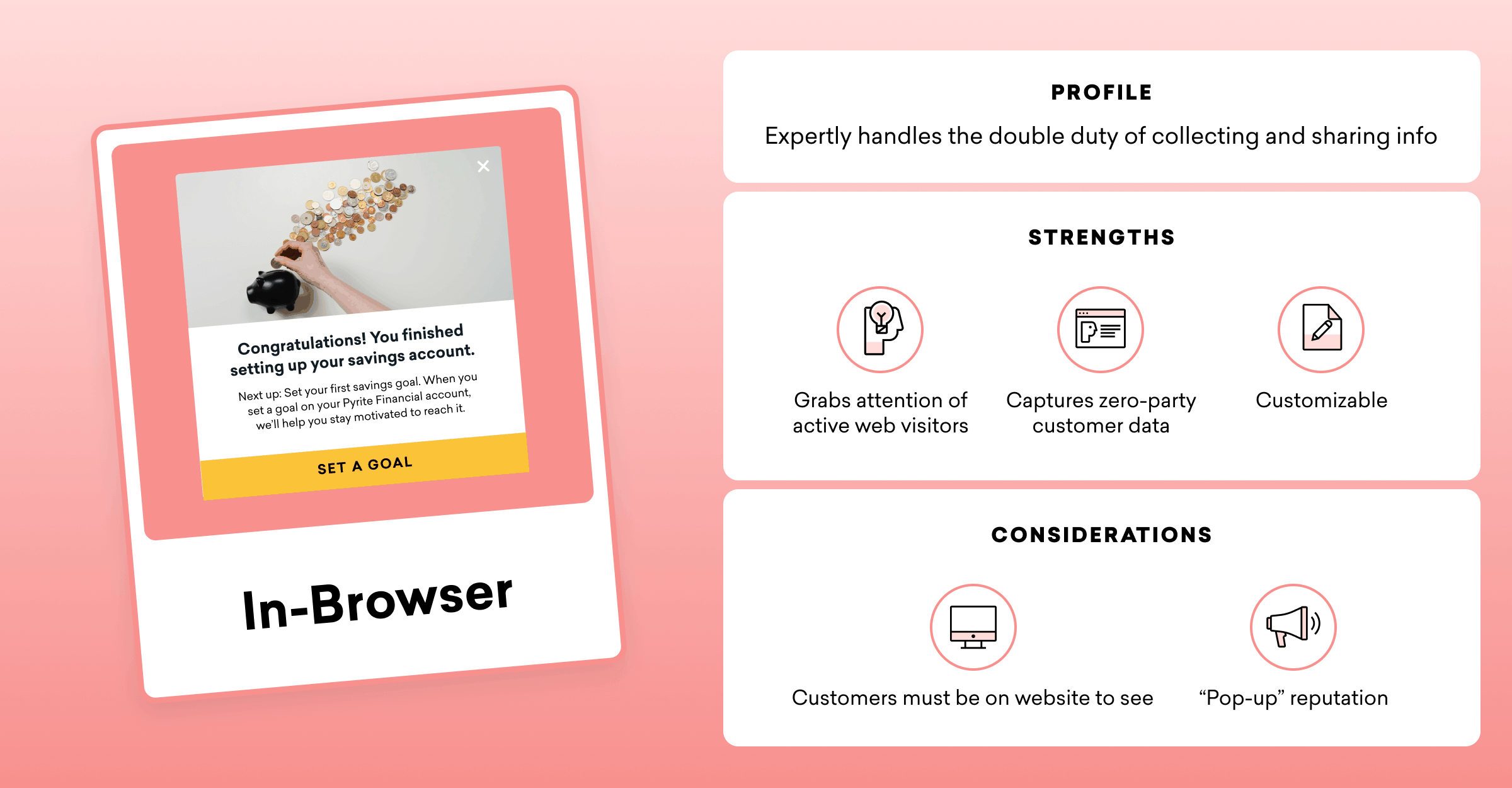 A promotional graphic for an in-browser feature, highlighting its profile, strengths, and considerations. The background is pink, and the design includes icons and text boxes.
