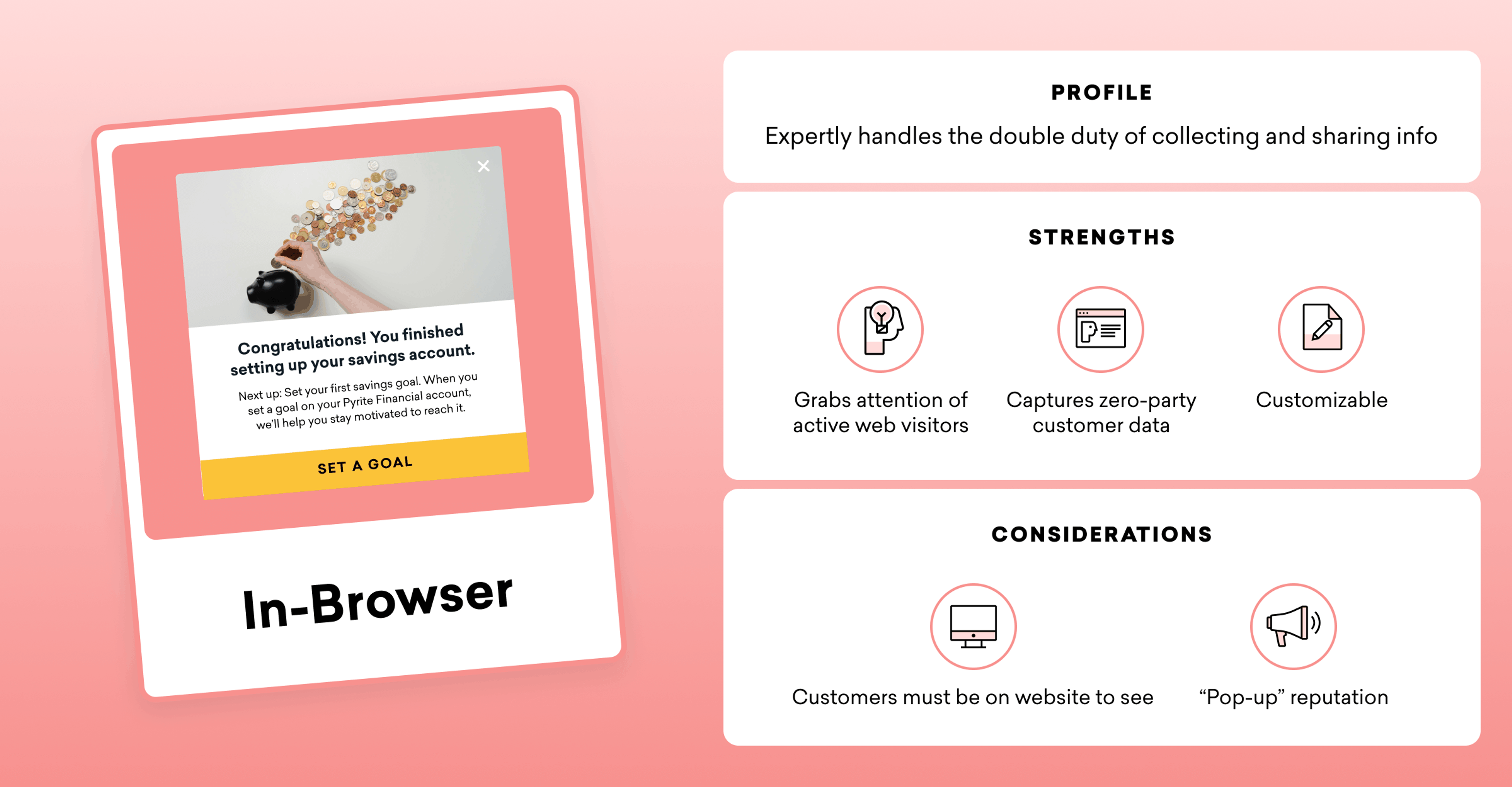 A promotional graphic for an in-browser feature, highlighting its profile, strengths, and considerations. The background is pink, and the design includes icons and text boxes.