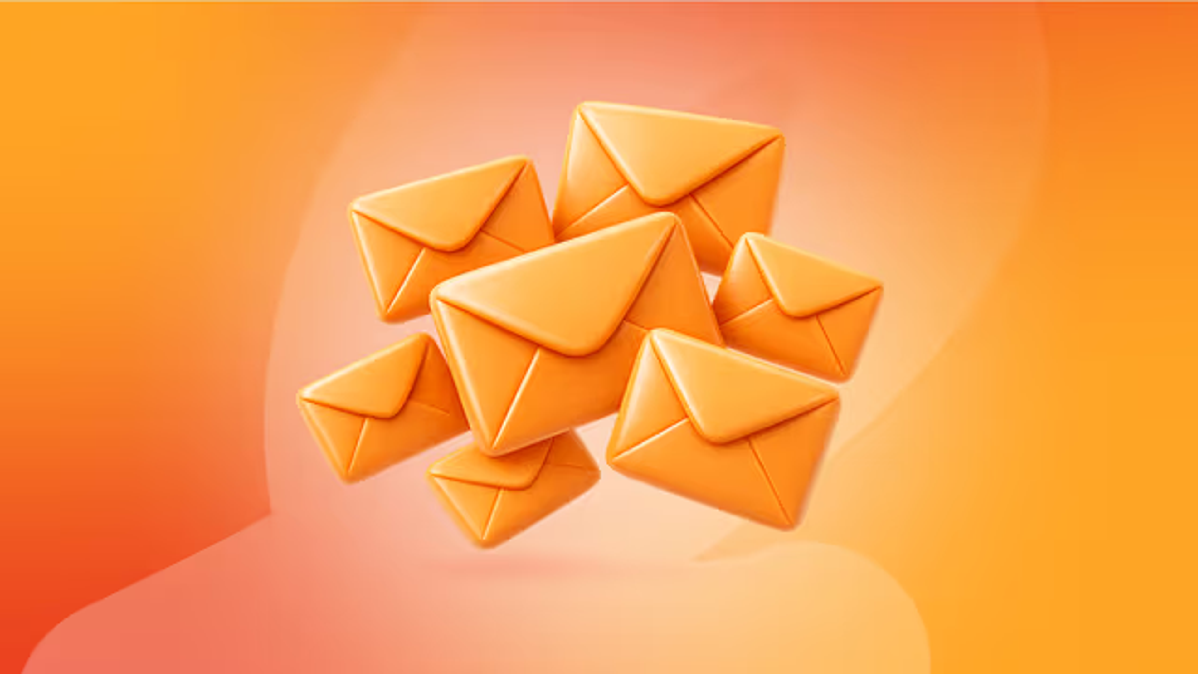 Illustration de plusieurs enveloppes orange flottant sur un fond dégradé orange, symbolisant des messages ou des e-mails.