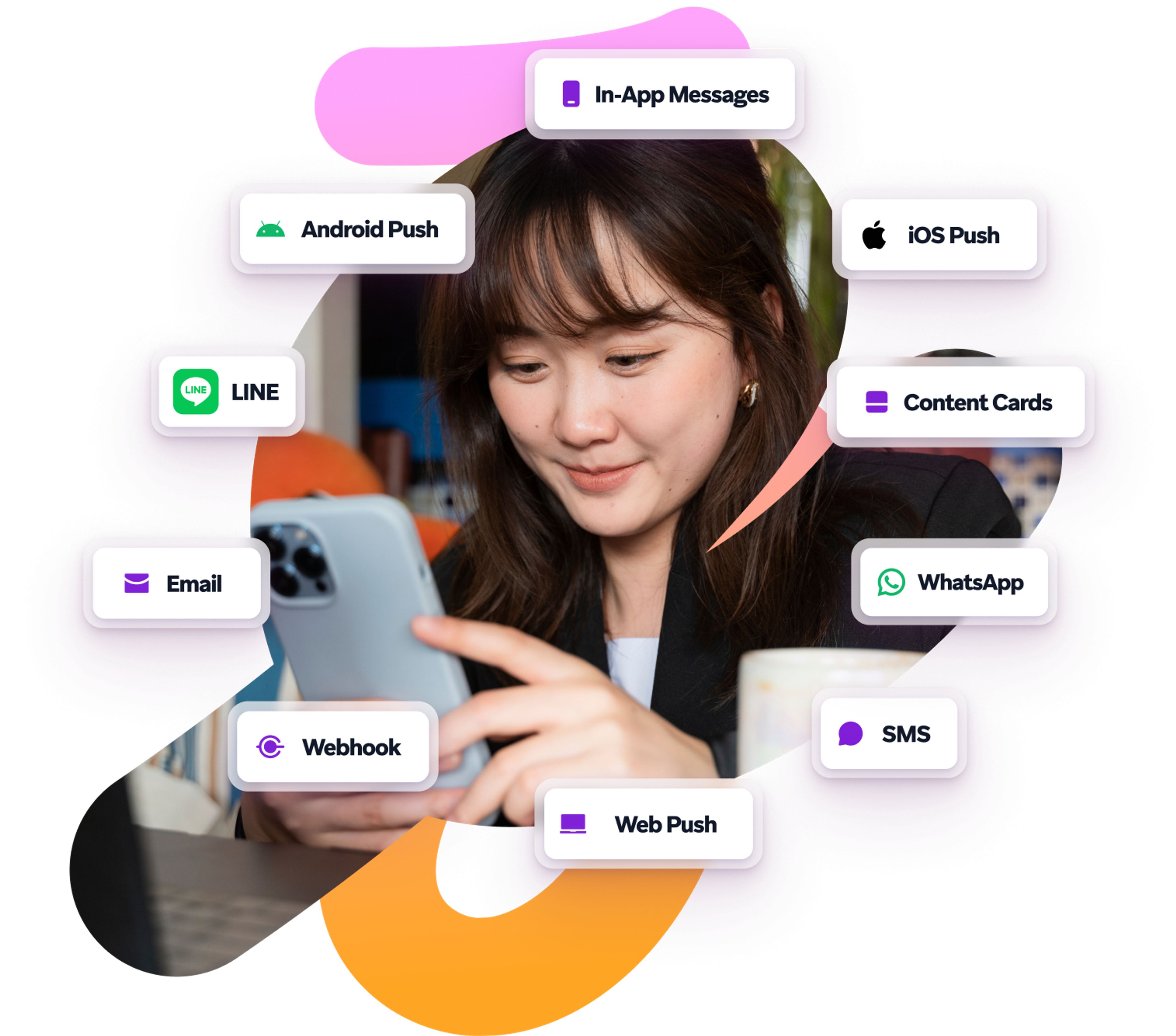 a woman is looking at her phone with a speech bubble that says in-app messages