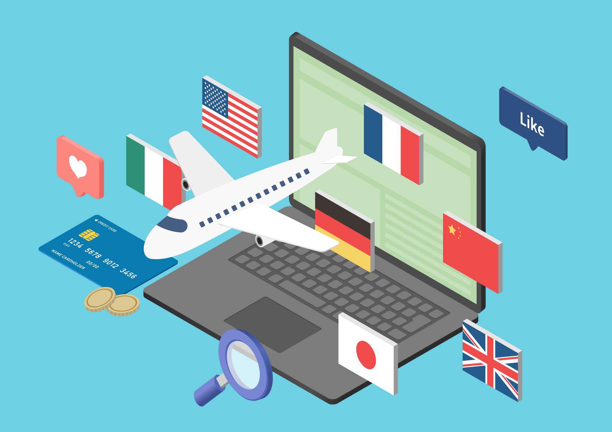 an isometric illustration of an airplane flying over a laptop computer .