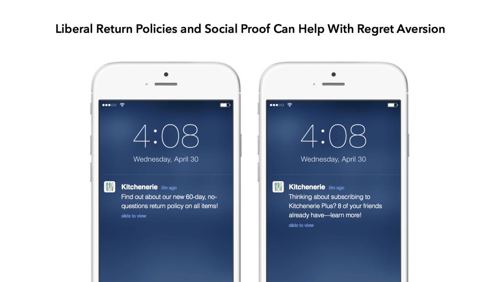 Two smartphones displaying notifications from Kitchenerie about a return policy and a subscription offer. The time on both screens is 4:08 PM on April 30.