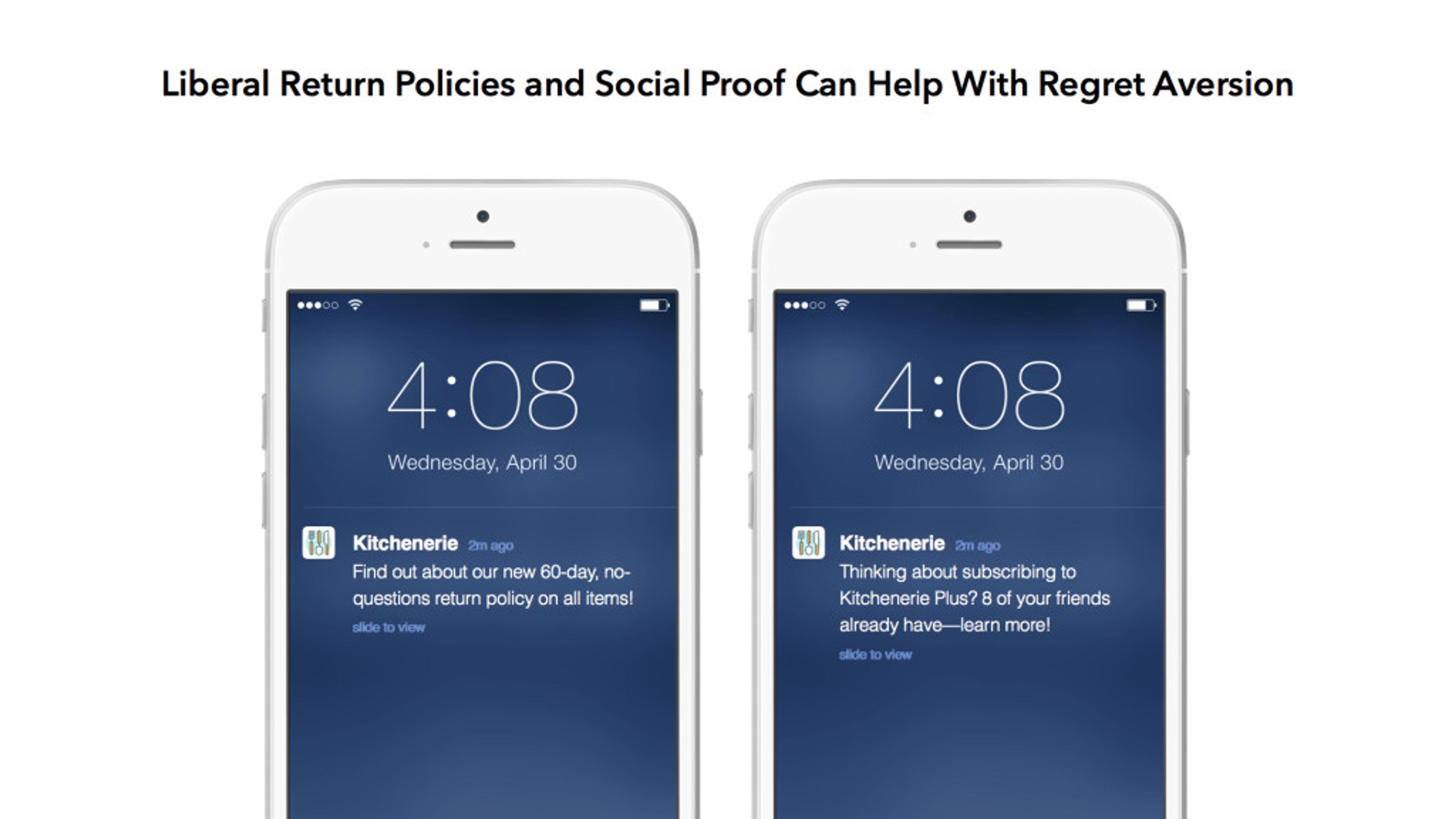 Two smartphones displaying notifications from Kitchenerie about a return policy and a subscription offer. The time on both screens is 4:08 PM on April 30.