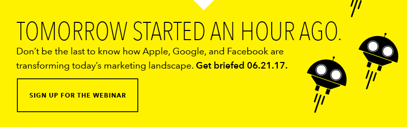 A promotional banner for a webinar about marketing trends featuring flying saucers and a bright yellow background. It includes the date 06.21.17 and a call to action to sign up.